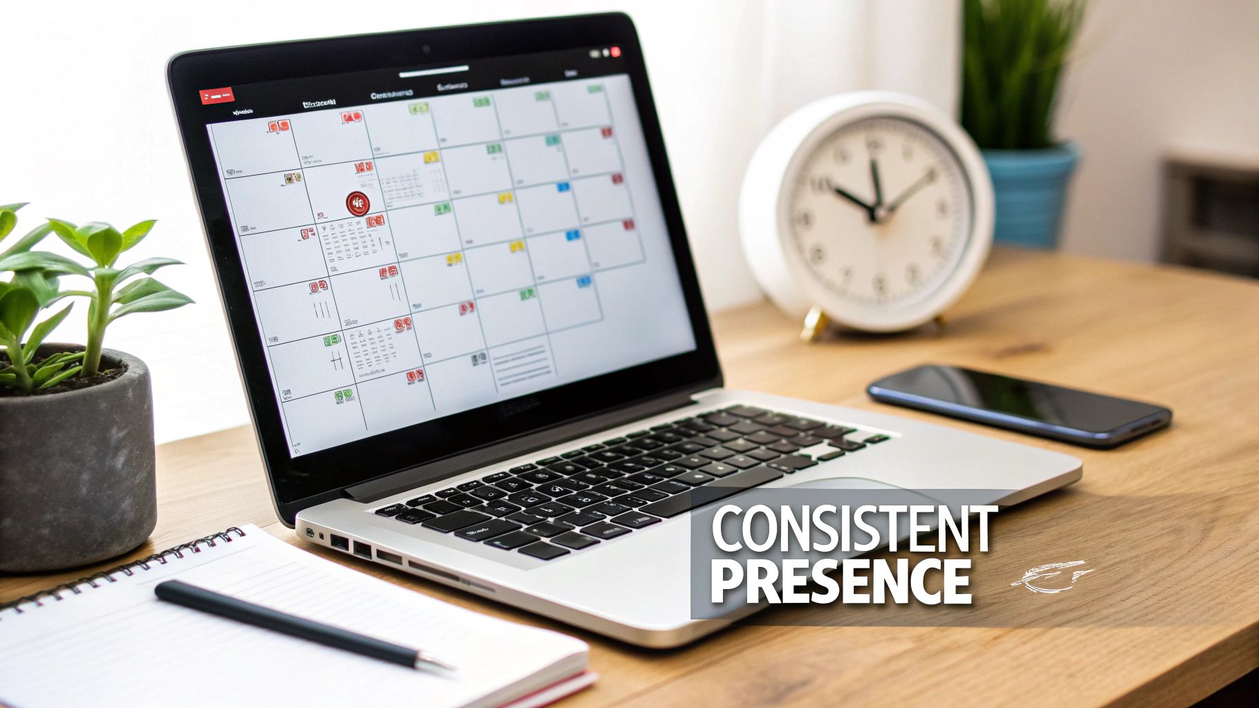 An open laptop displaying a calendar application for managing schedules and consistent presence.