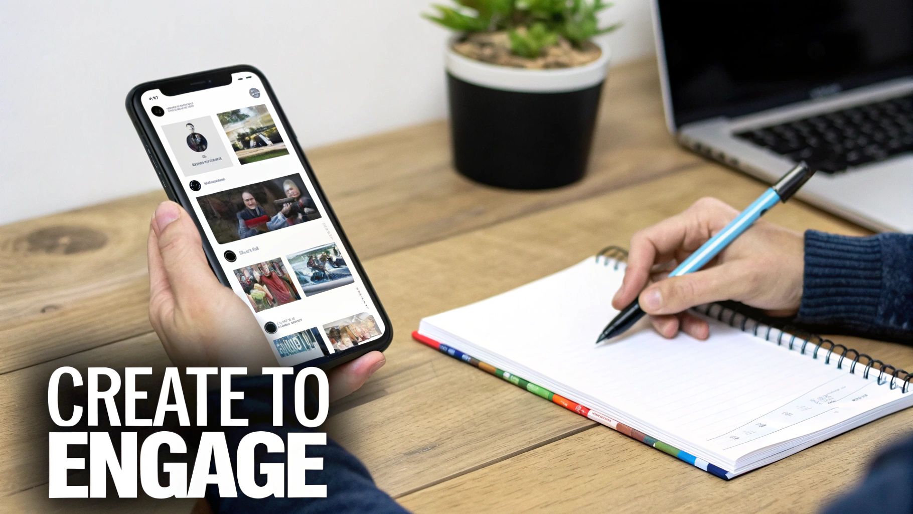 Person holding a smartphone displaying an app while another writes notes in a spiral notebook.