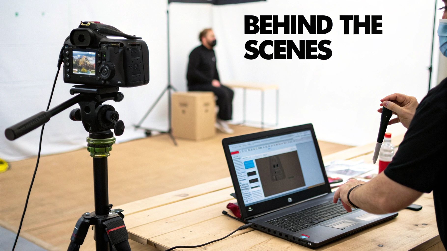 Behind the scenes of a video shoot with a camera on a tripod, a laptop, and a person.