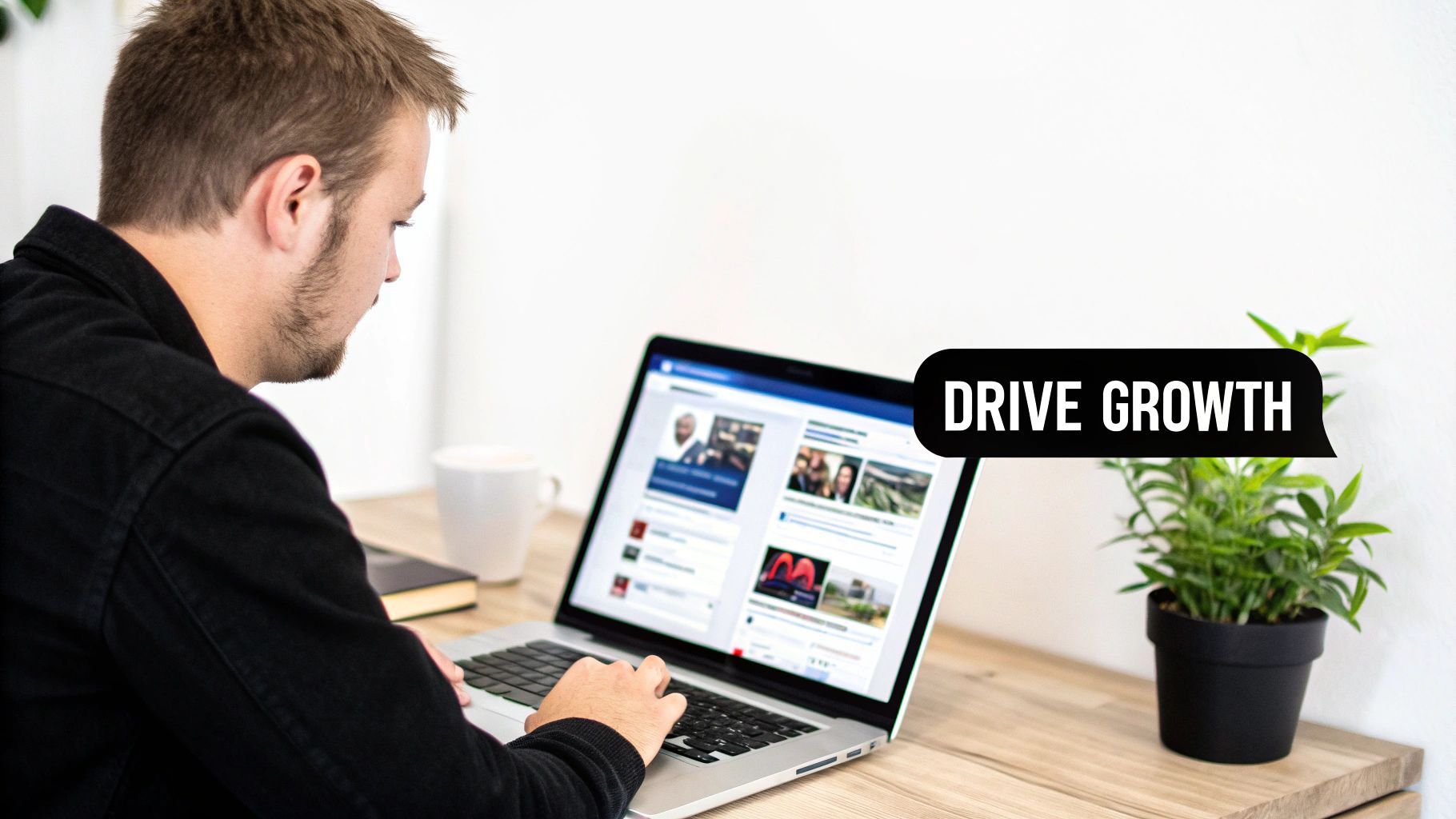 A man uses a laptop displaying a social media feed, with a 'DRIVE GROWTH' text bubble.