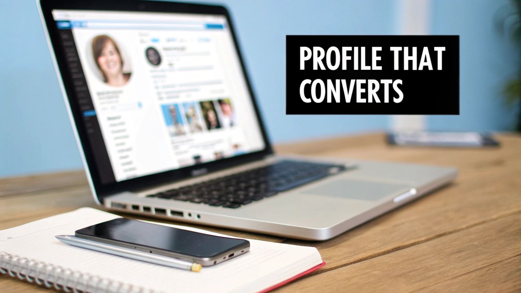 A laptop displays a professional profile, with 'PROFILE THAT CONVERTS' text, a phone, and notebook on a desk.