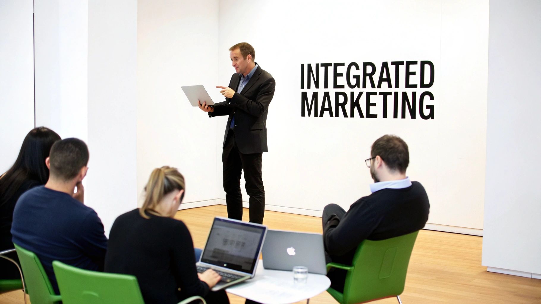 A man presents 'Integrated Marketing' to an audience with laptops in a bright, modern room.
