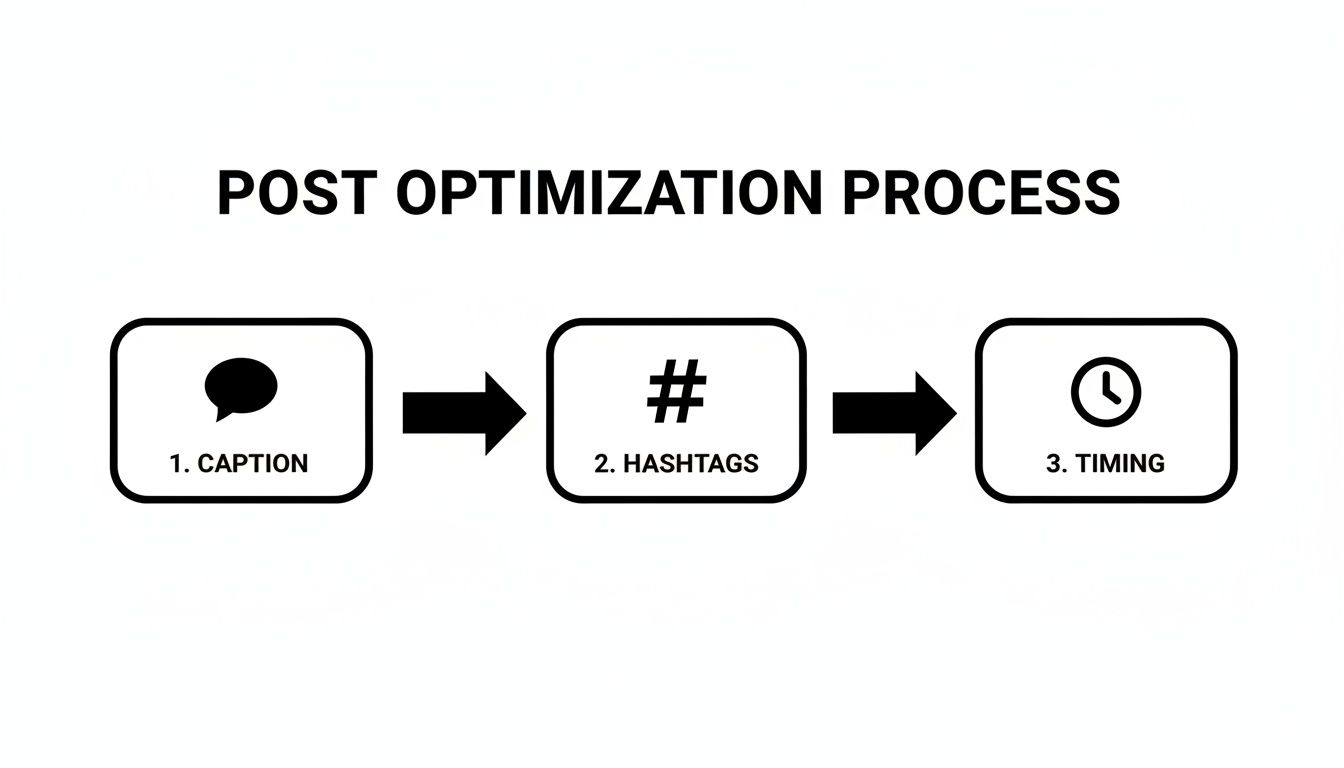 A flowchart illustrating the post-optimization process steps: caption, hashtags, and timing.