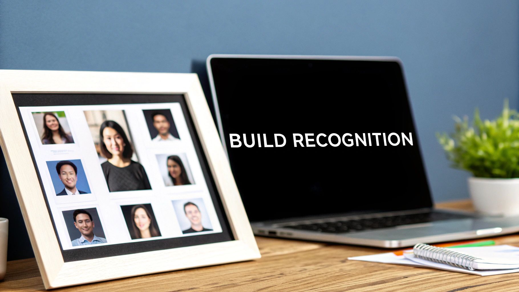 A framed collage of diverse professional headshots next to a laptop displaying 'BUILD RECOGNITION' on a wooden desk.
