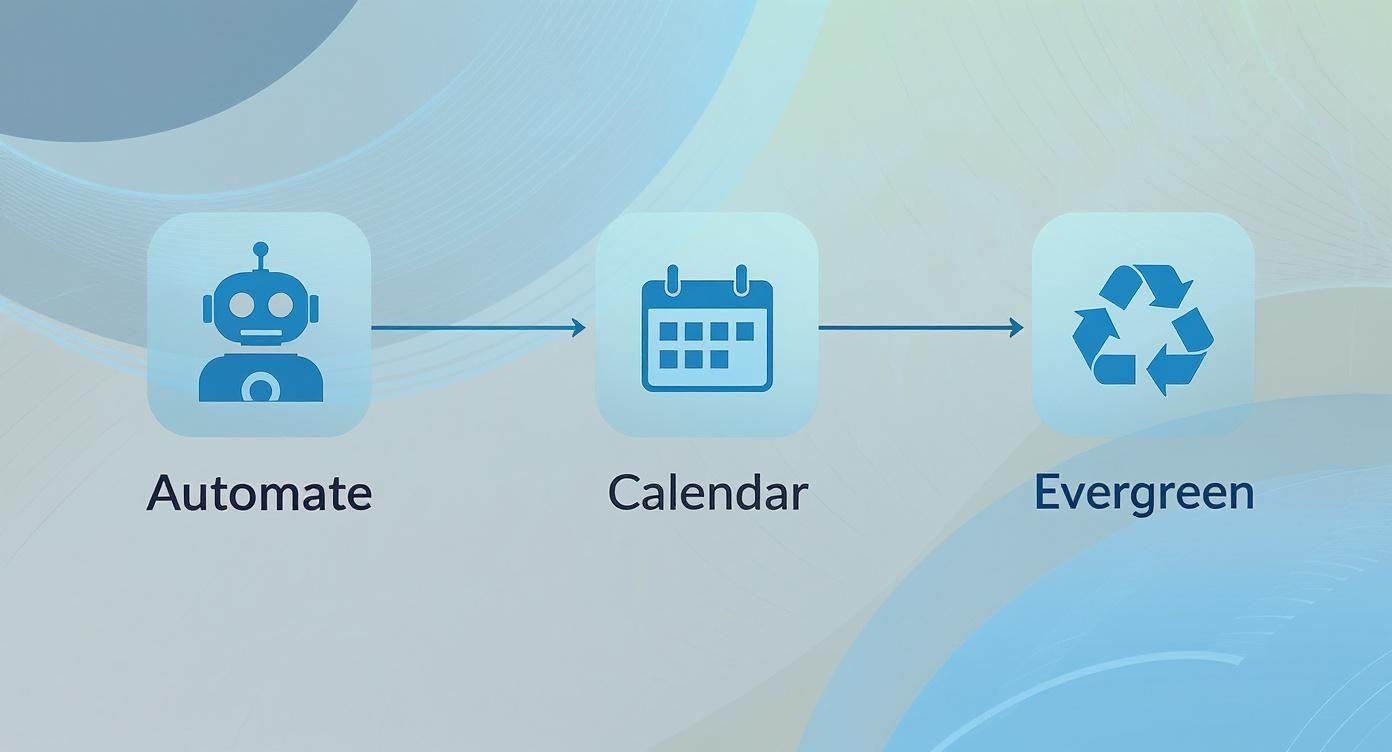 Infographic decision tree for choosing a social media scheduling tool based on goals like automation, calendar planning, or evergreen content.