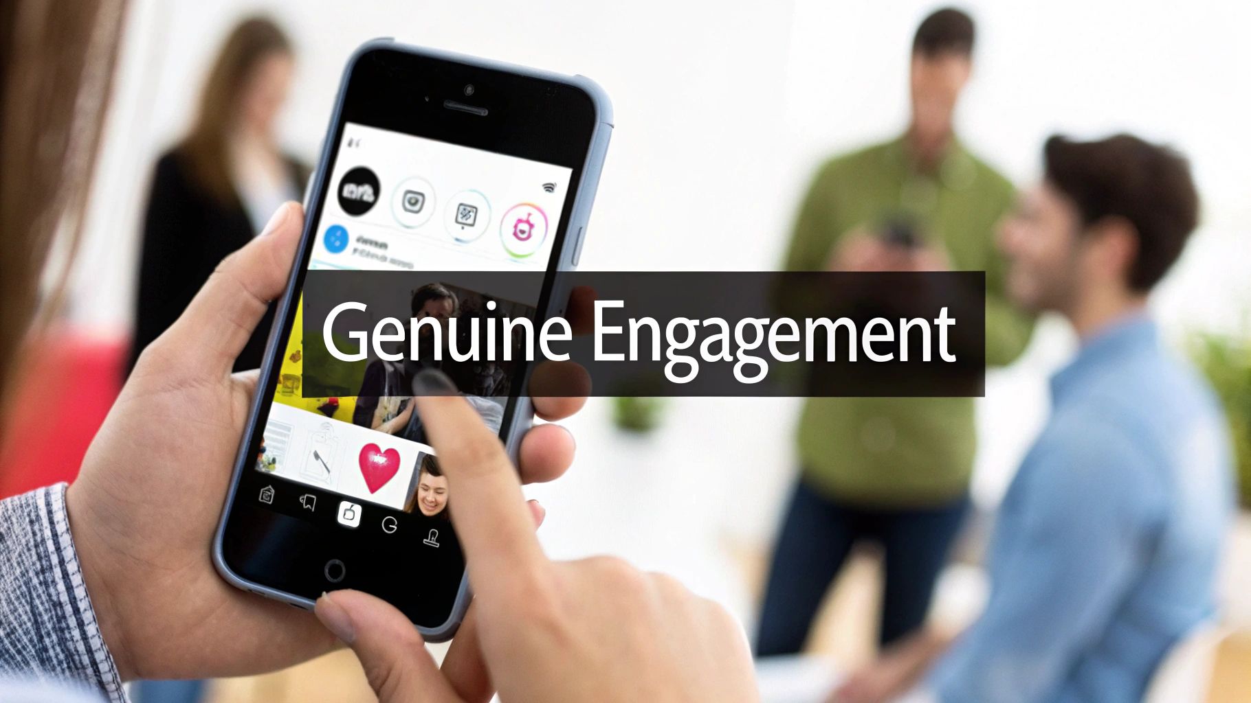 A hand holds a smartphone showing an Instagram-like feed and 'Genuine Engagement' text overlay.