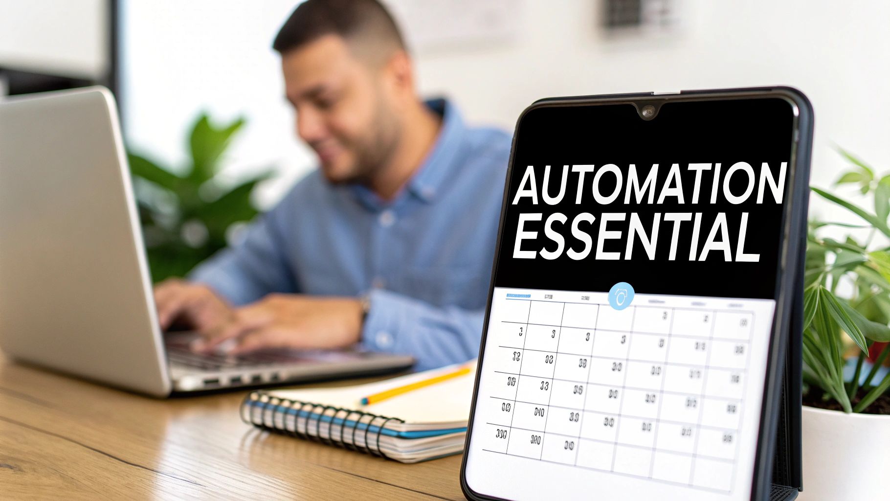 A smartphone displays 'AUTOMATION ESSENTIAL' with a calendar, in front of a man on a laptop.