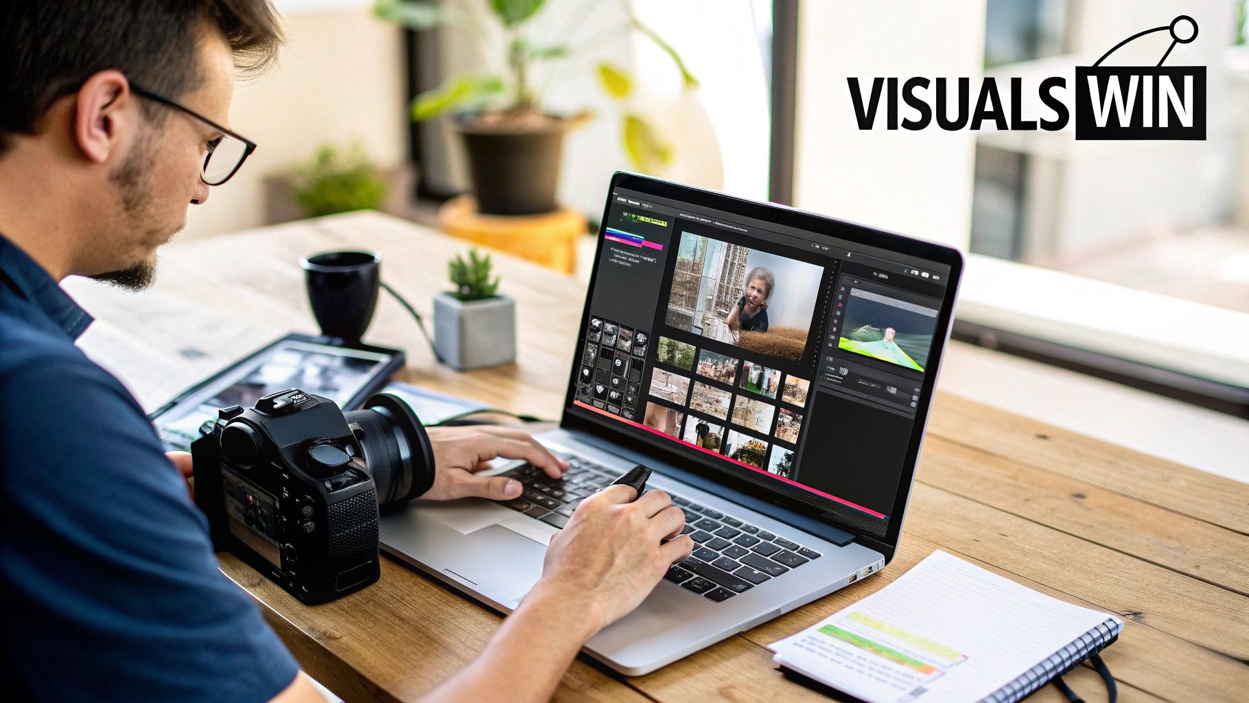 A man in glasses edits photos or videos on a laptop, with a camera and coffee mug on a wooden desk.