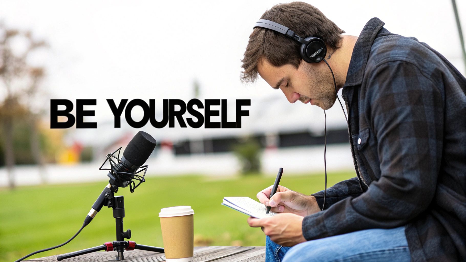 A man wearing headphones writes in a notebook next to a microphone and coffee cup, with “BE YOURSELF” text.