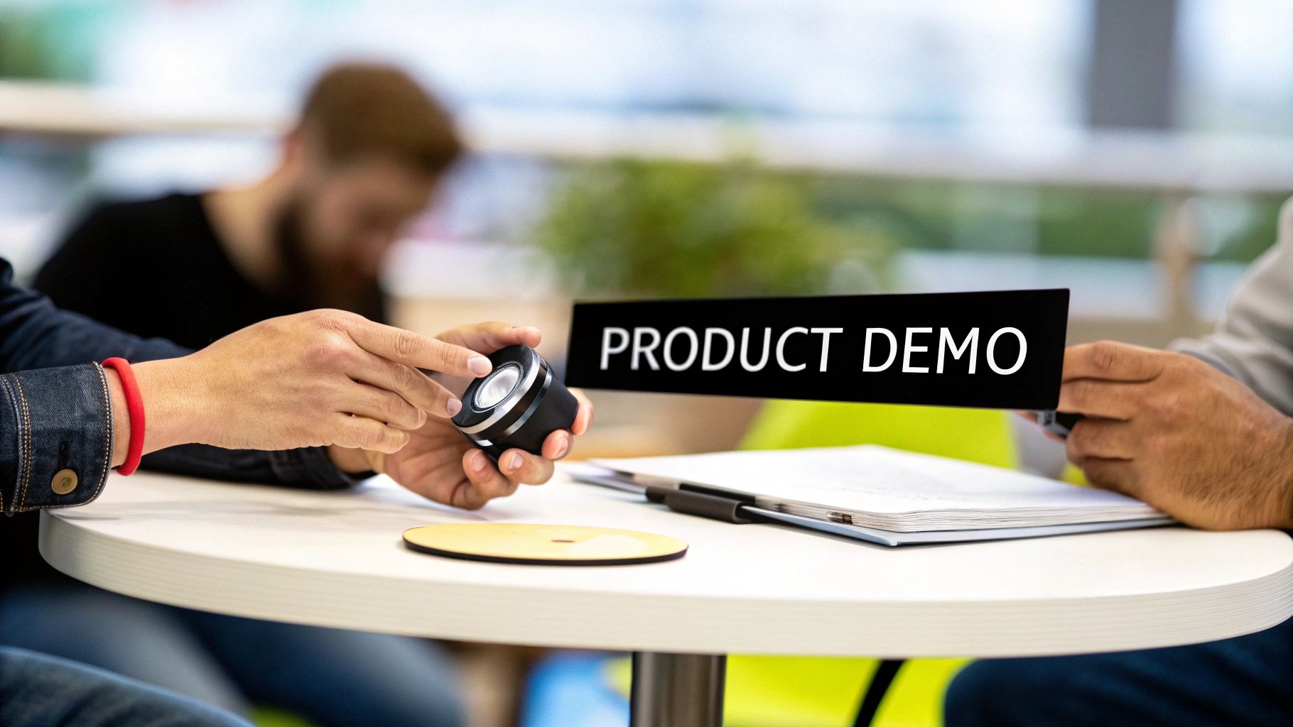 Hands demonstrating a black product during a product demo presentation at a table.