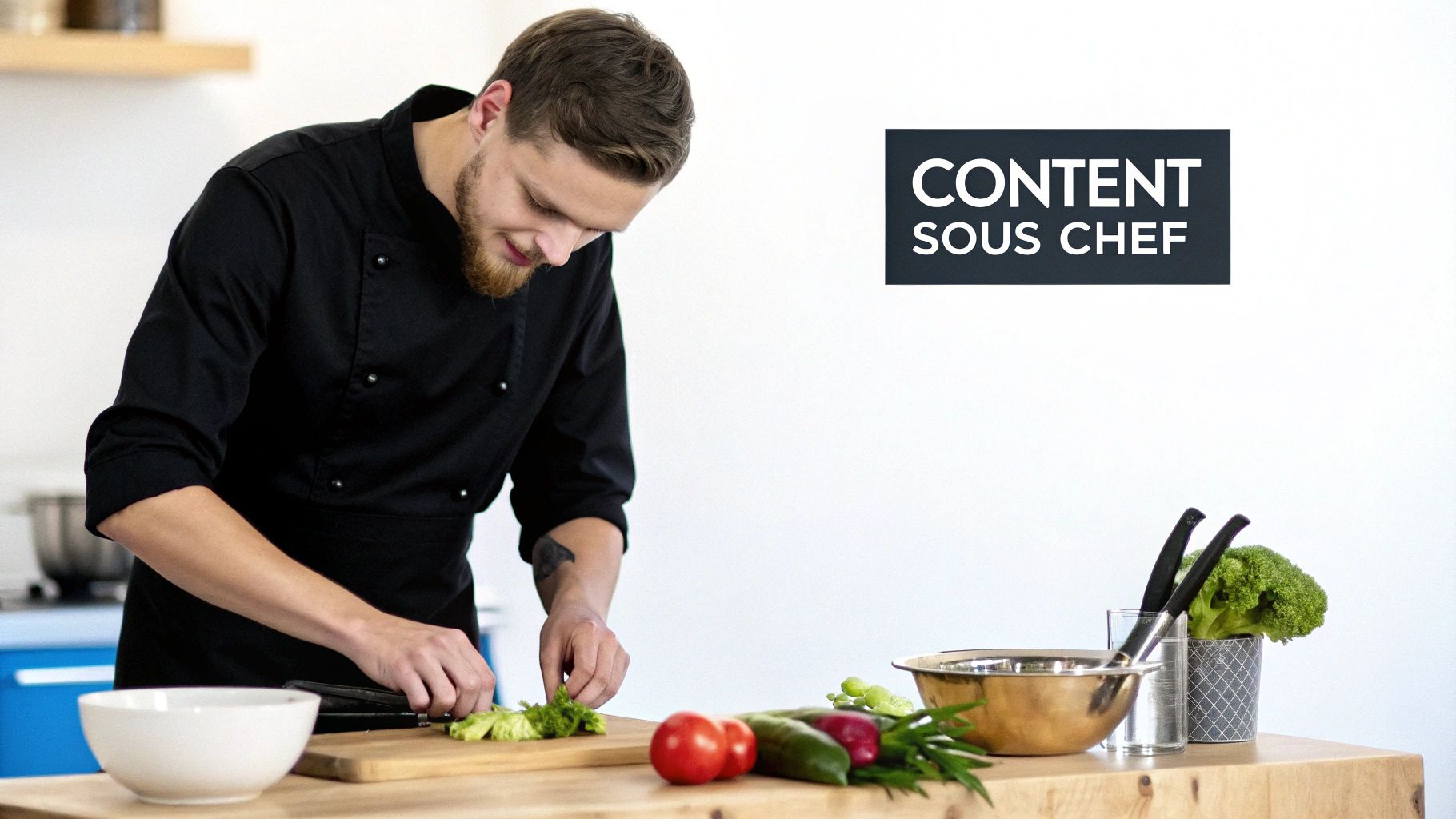 A focused male chef in a black jacket chops fresh vegetables on a cutting board in a kitchen.