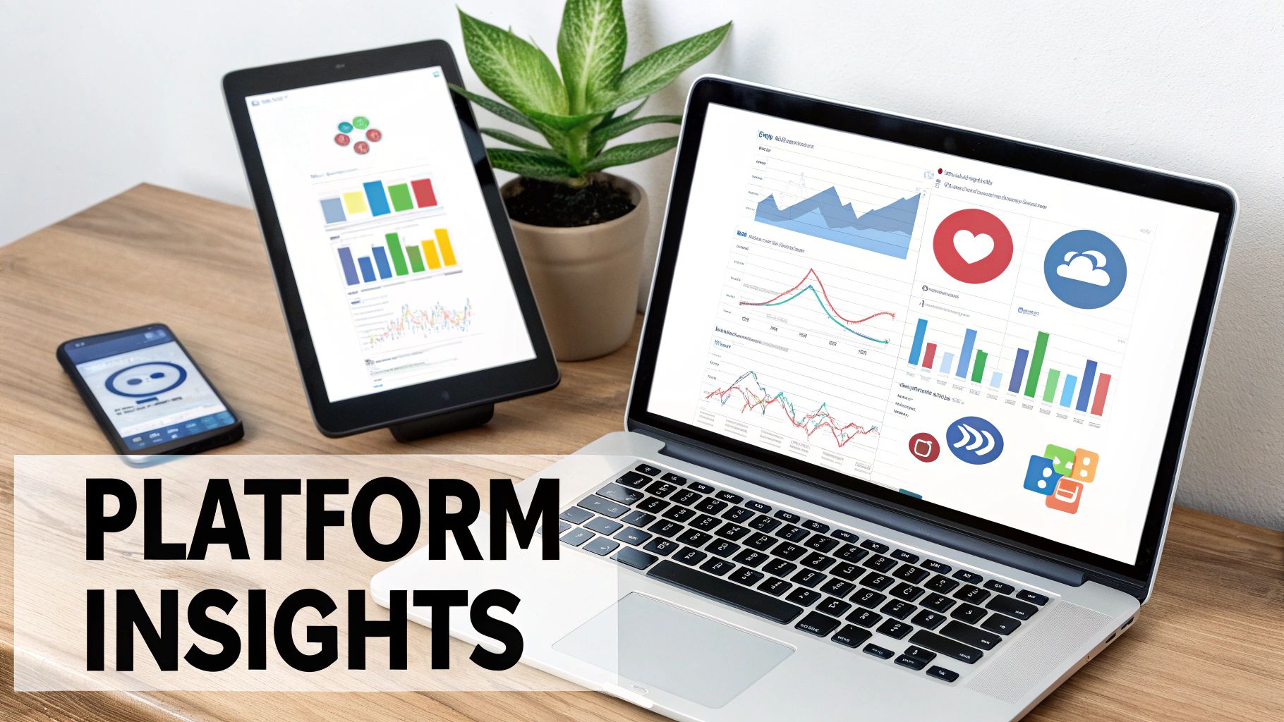 Laptop, tablet, and smartphone displaying data charts for platform insights on a wooden desk.