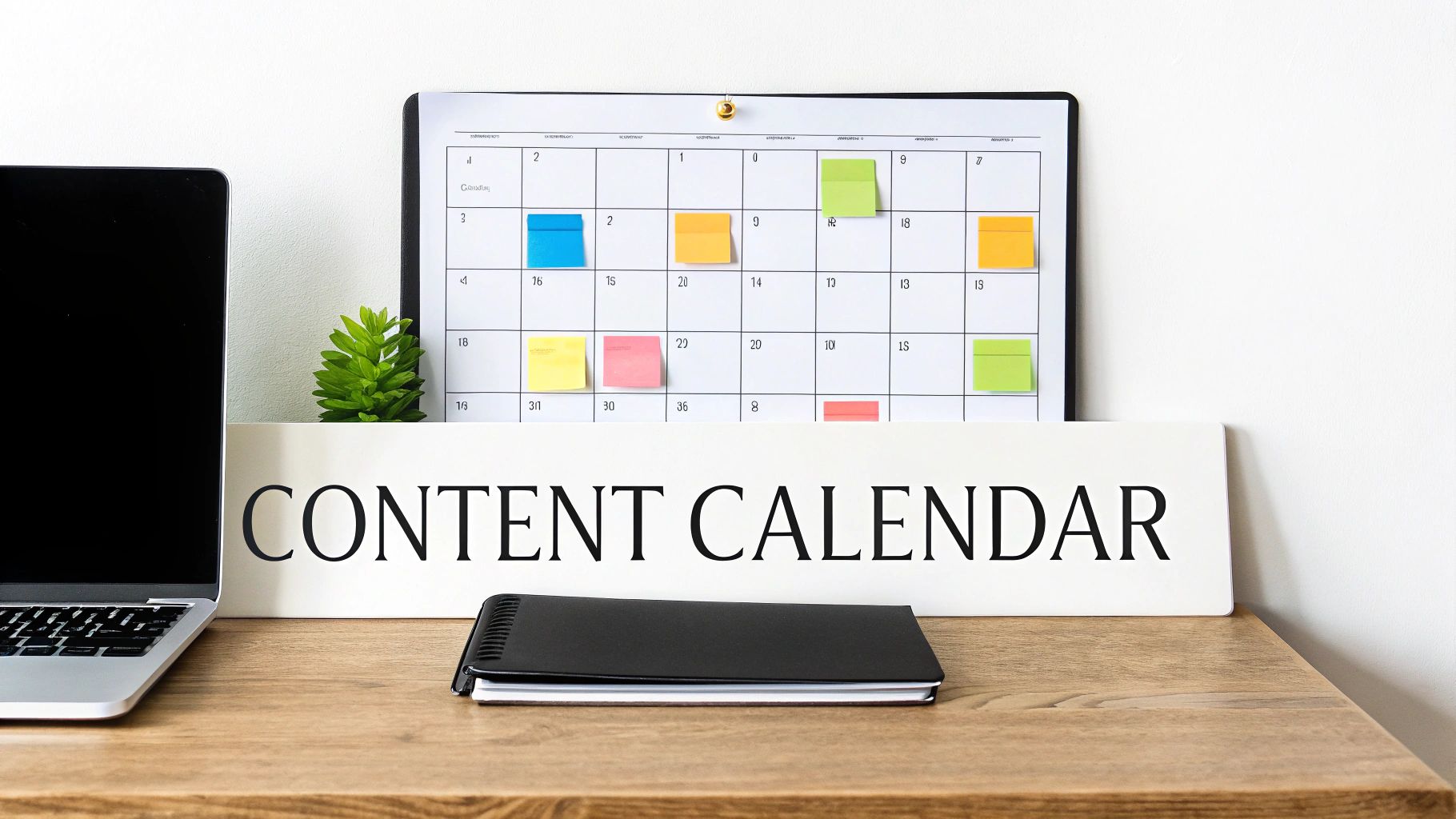 A content calendar board with colorful sticky notes, laptop, and notebook on a wooden desk.