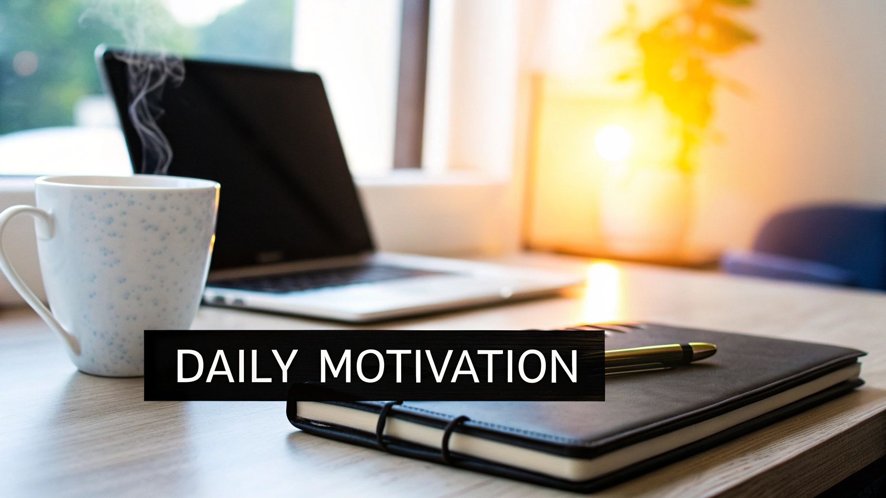 A desk setup with a steaming mug, open laptop, notebook, and pen, displaying 'DAILY MOTIVATION' text.