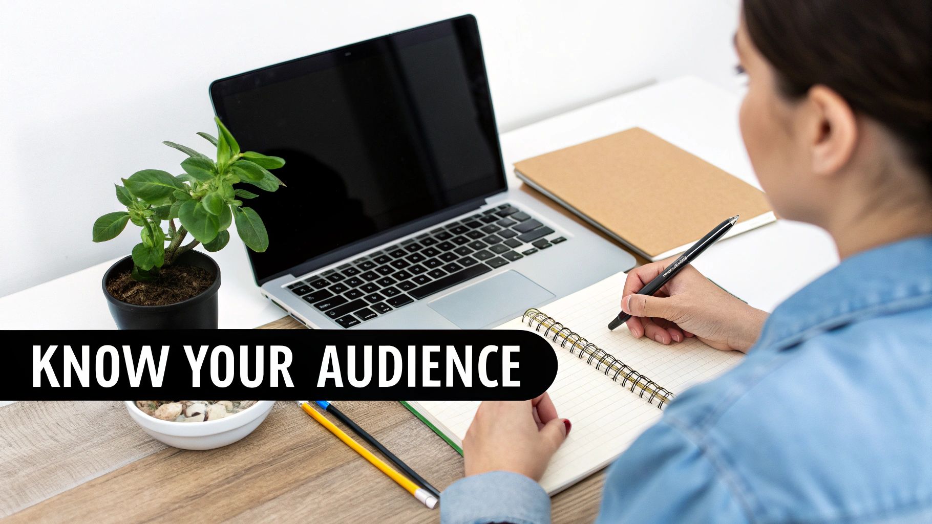 Person writing in a notebook at a desk with a laptop, plant, and 'KNOW YOUR AUDIENCE' text overlay.
