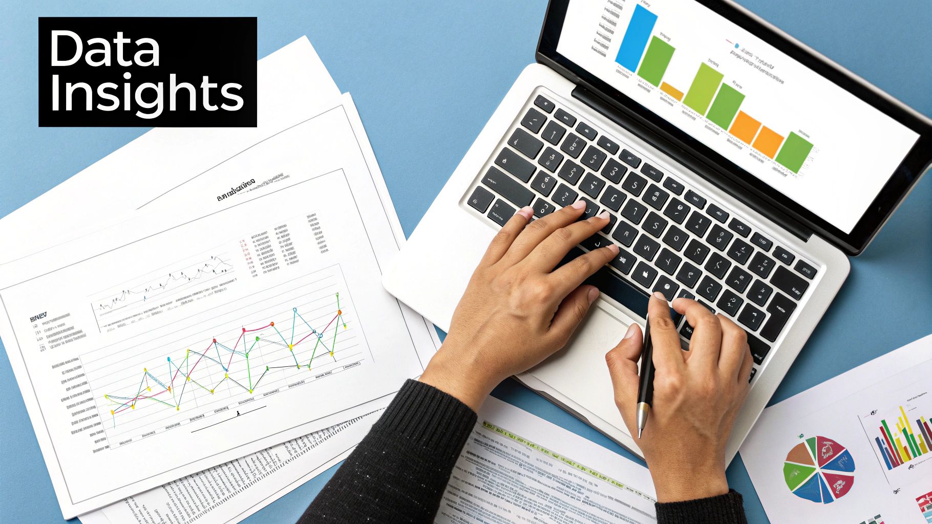 Magnifying glass over a chart showing social media marketing metrics, with a detective's hat nearby