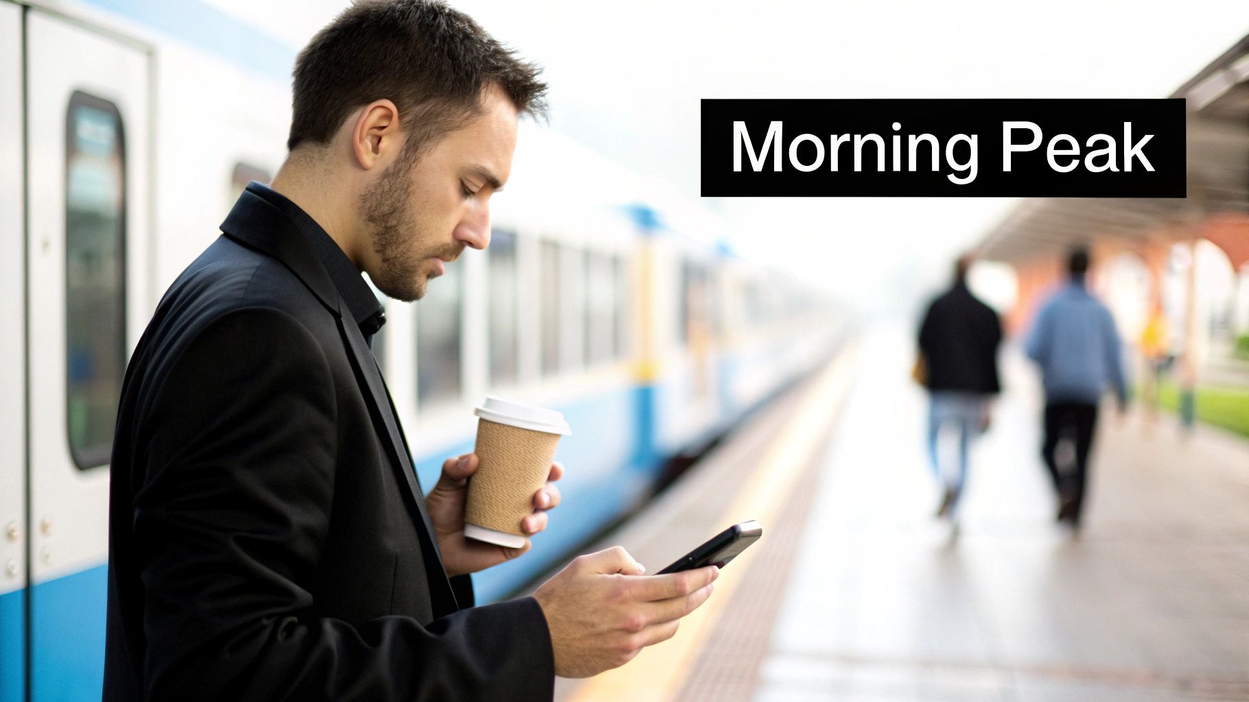 A professional checking their phone for Instagram updates during their Friday morning commute.