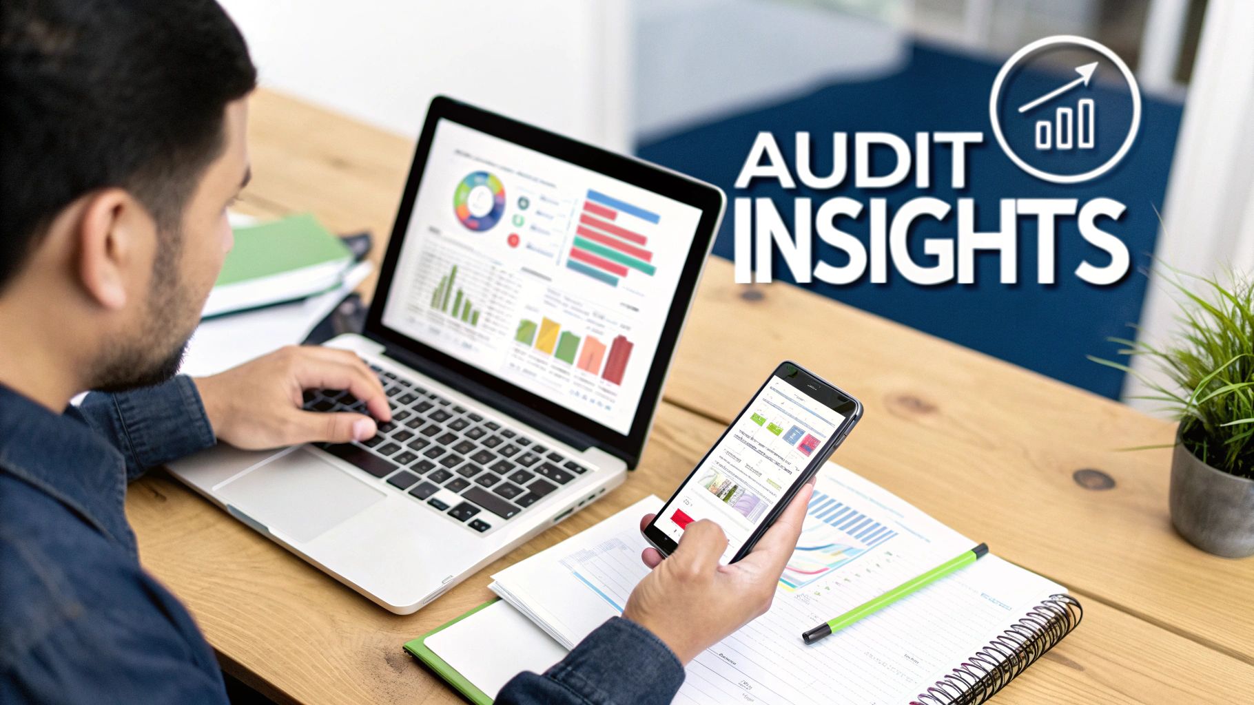Person reviews audit insights on laptop and phone, surrounded by documents and a plant.