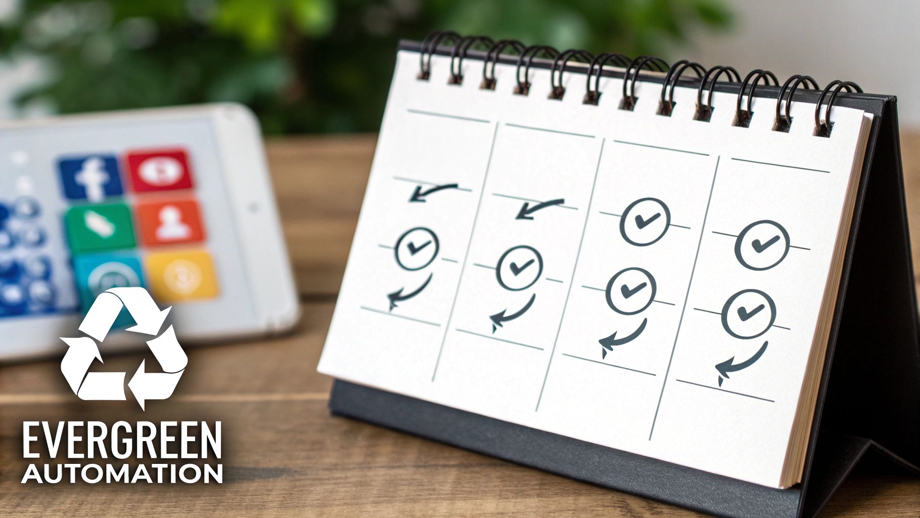 A calendar for scheduling and a smartphone with social media apps, featuring an Evergreen Automation logo.