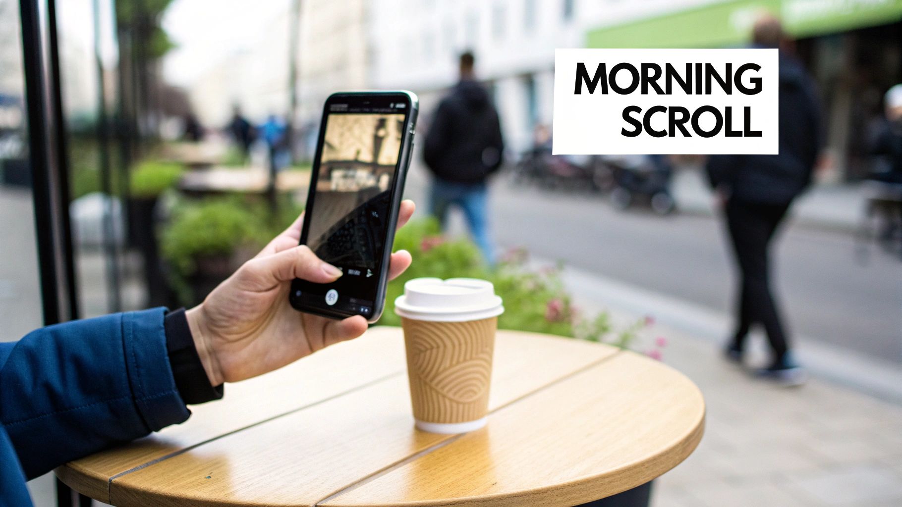 A hand holds a smartphone next to a coffee cup on an outdoor wooden table with a blurred street background and 'MORNING SCROLL' text.