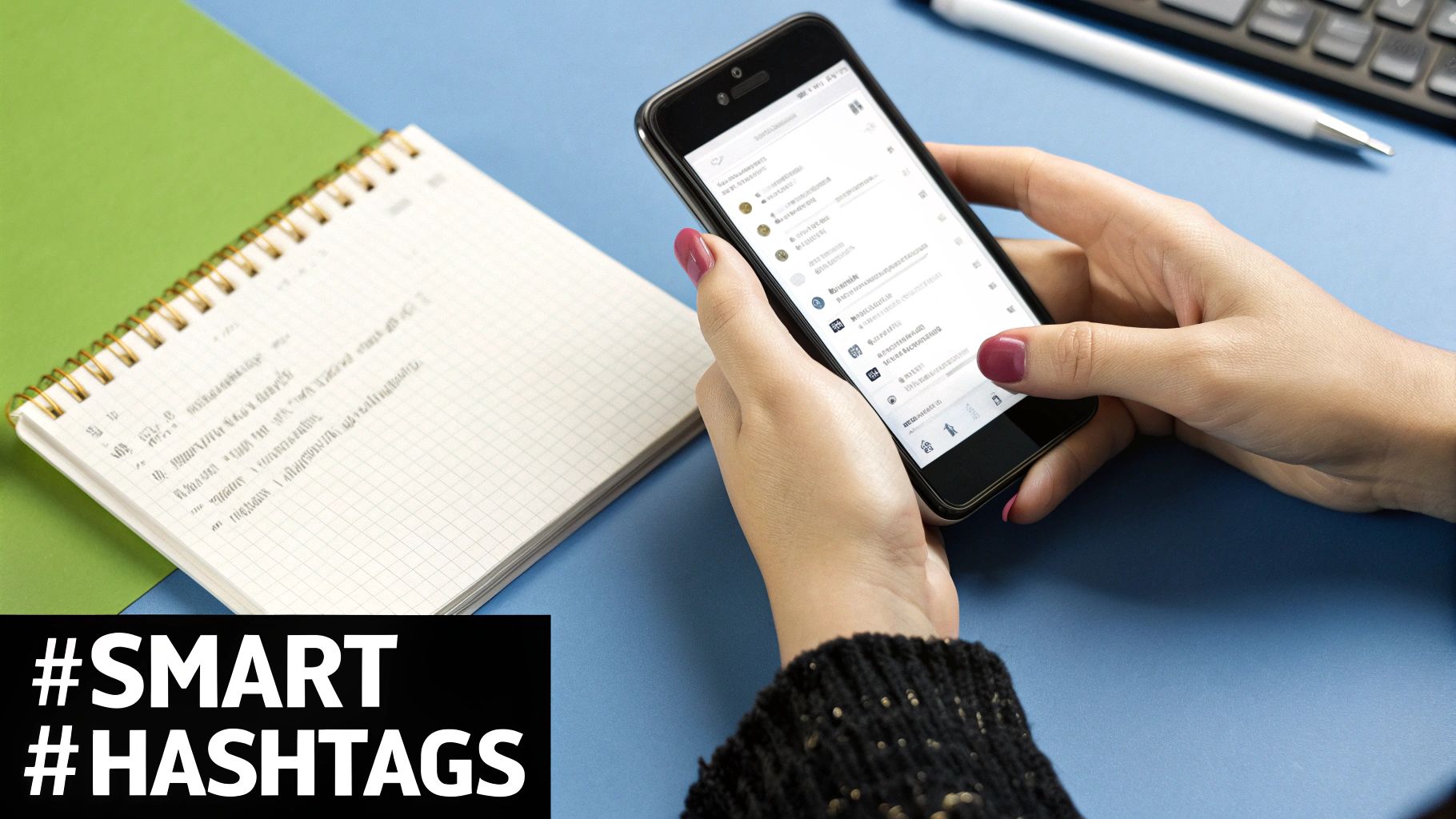 A person using a smartphone with engagement icons like hearts and comments floating around it.