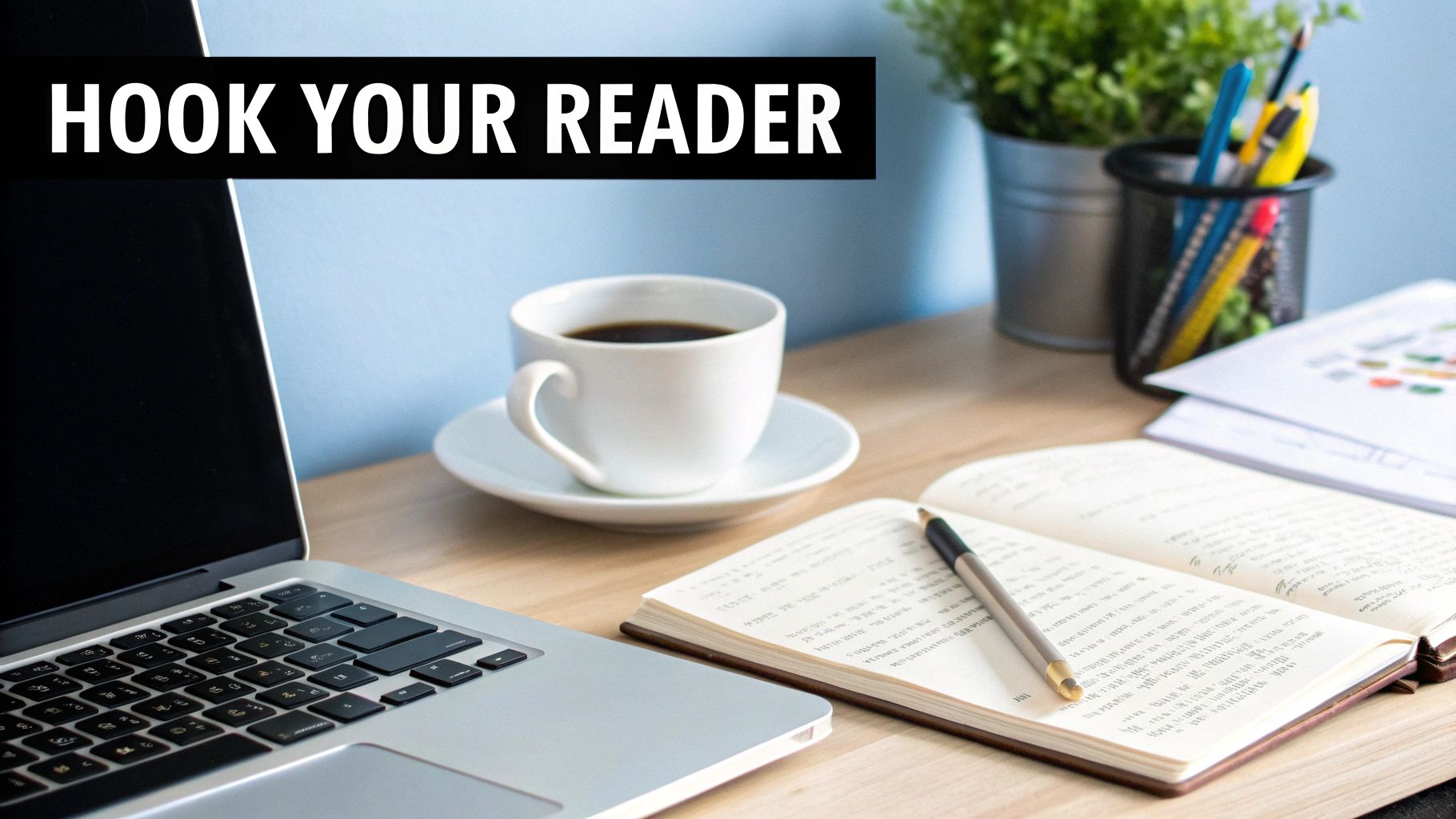 A modern writing desk with a laptop, coffee, and open notebook, featuring text 'HOOK YOUR READER'.