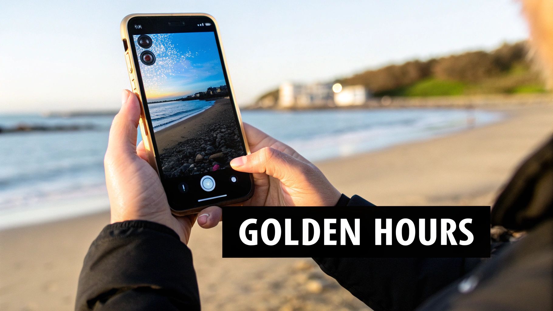 A person holds a smartphone, taking a photo of a beach and ocean during the golden hour.