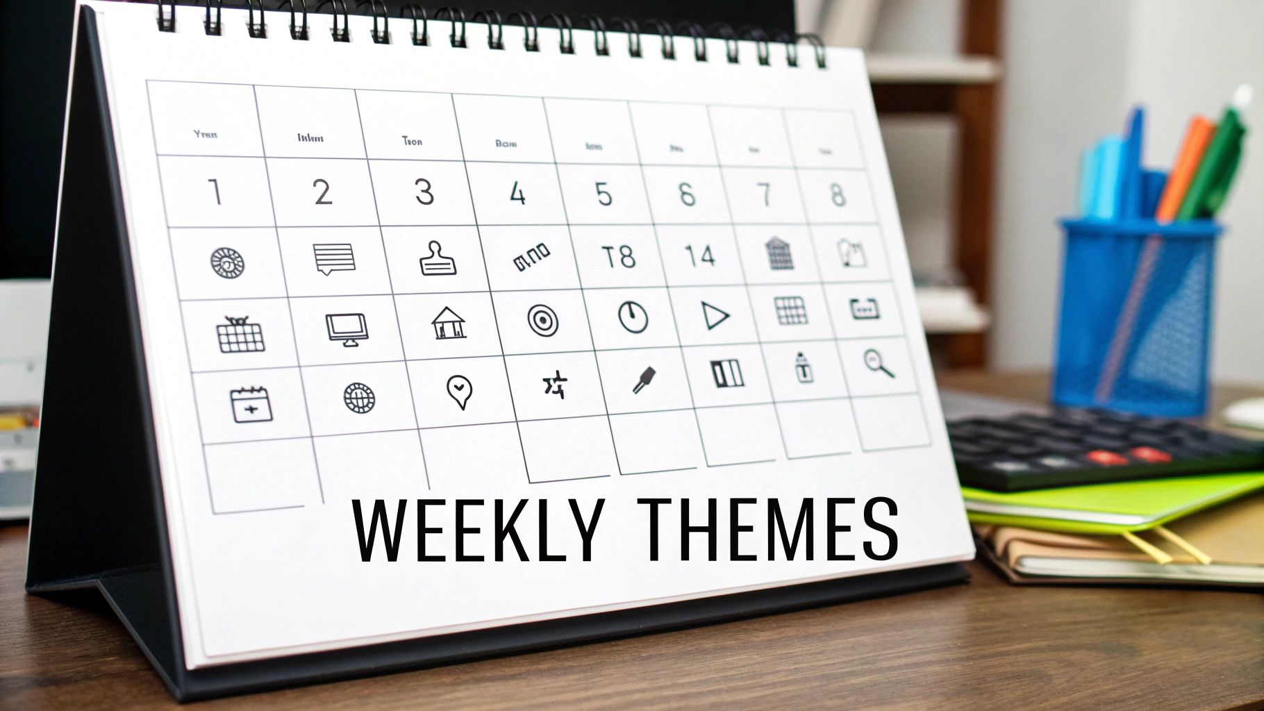 A desk calendar titled 'WEEKLY THEMES' on a wooden desk, displaying numbers and various icons.
