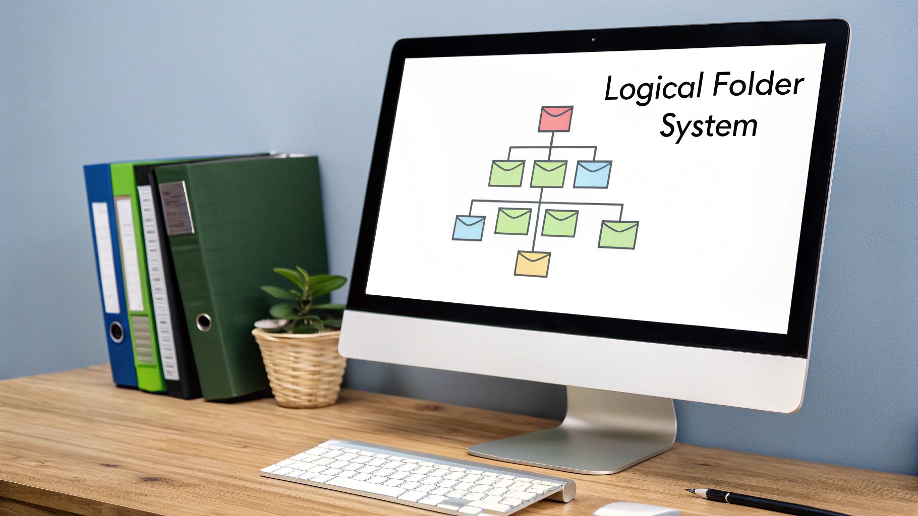 A modern, organized office space with a person at a desk, surrounded by neatly arranged files and digital interfaces, showcasing an efficient digital asset management system.