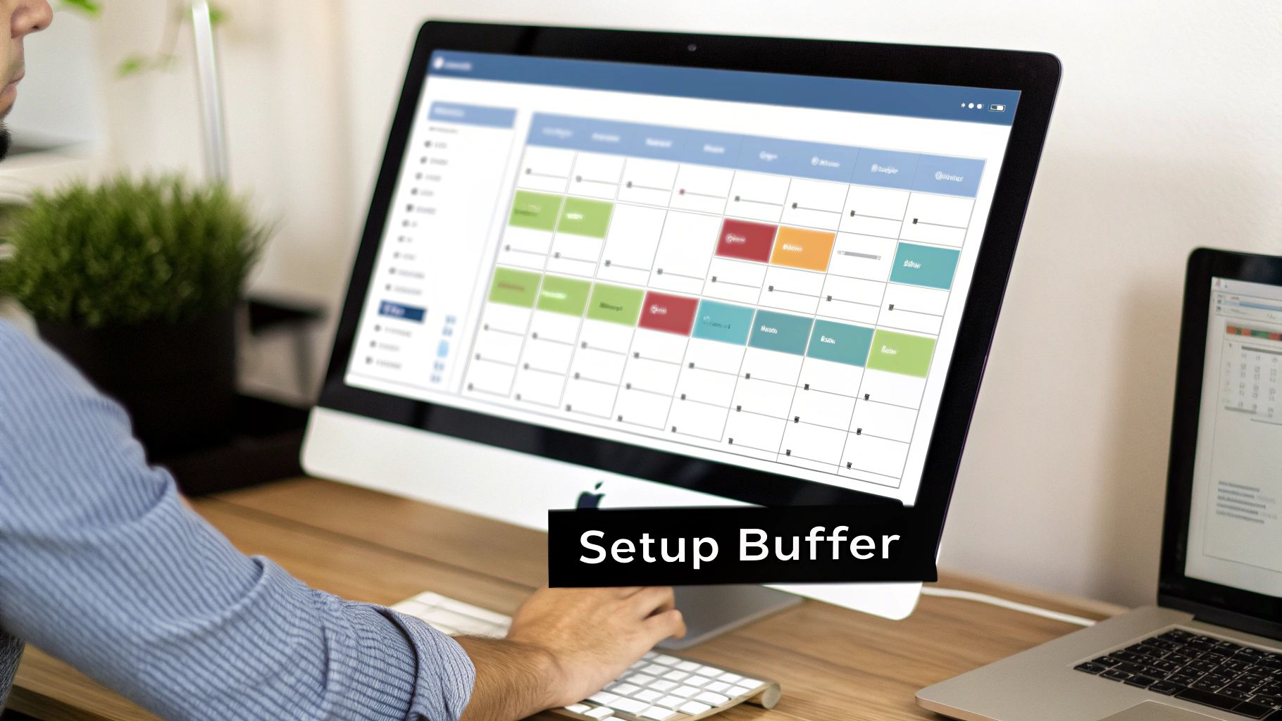 A person works on an iMac displaying a colorful calendar interface, with a laptop nearby.