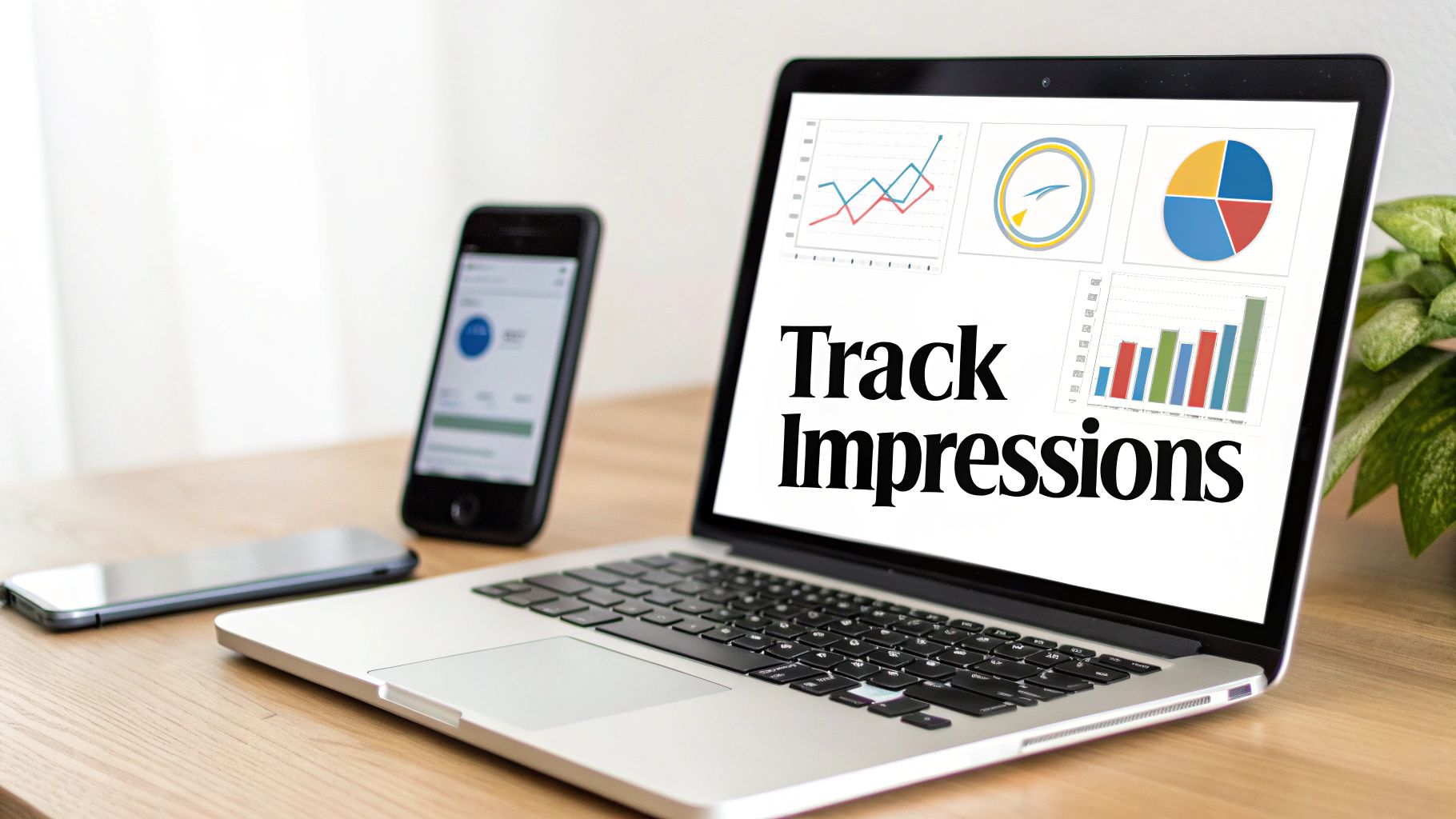 A laptop displays 'Track Impressions' with analytics charts, next to smartphones on a wooden desk.