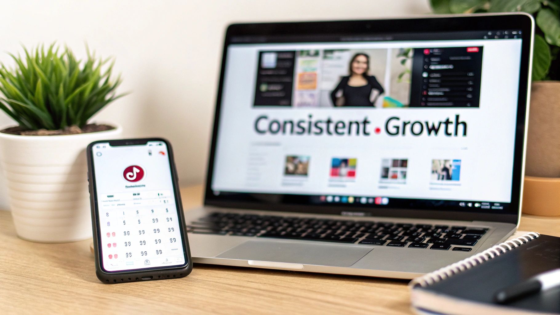 A smartphone showing the TikTok app next to a laptop displaying 'Consistent Growth' content.