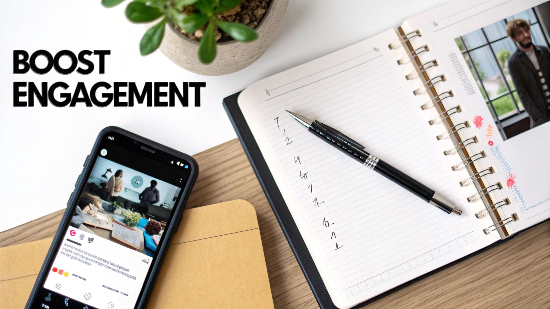 A smartphone displaying social media content, a notebook with a pen, and the text "BOOST ENGAGEMENT" on a desk.