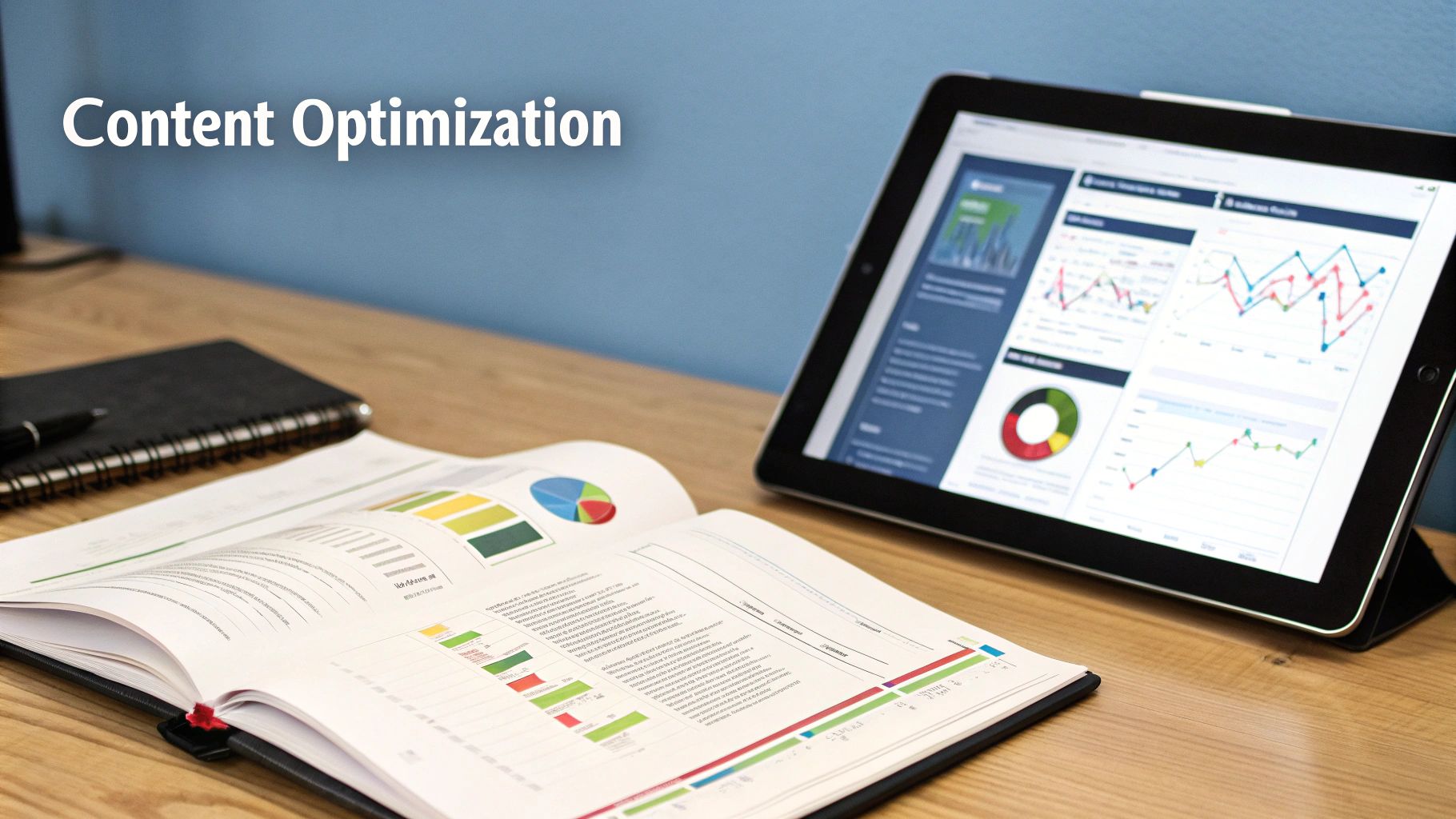 A person at a desk analyzing a glowing digital interface with charts and graphs, representing the process of optimizing a content strategy using data insights.