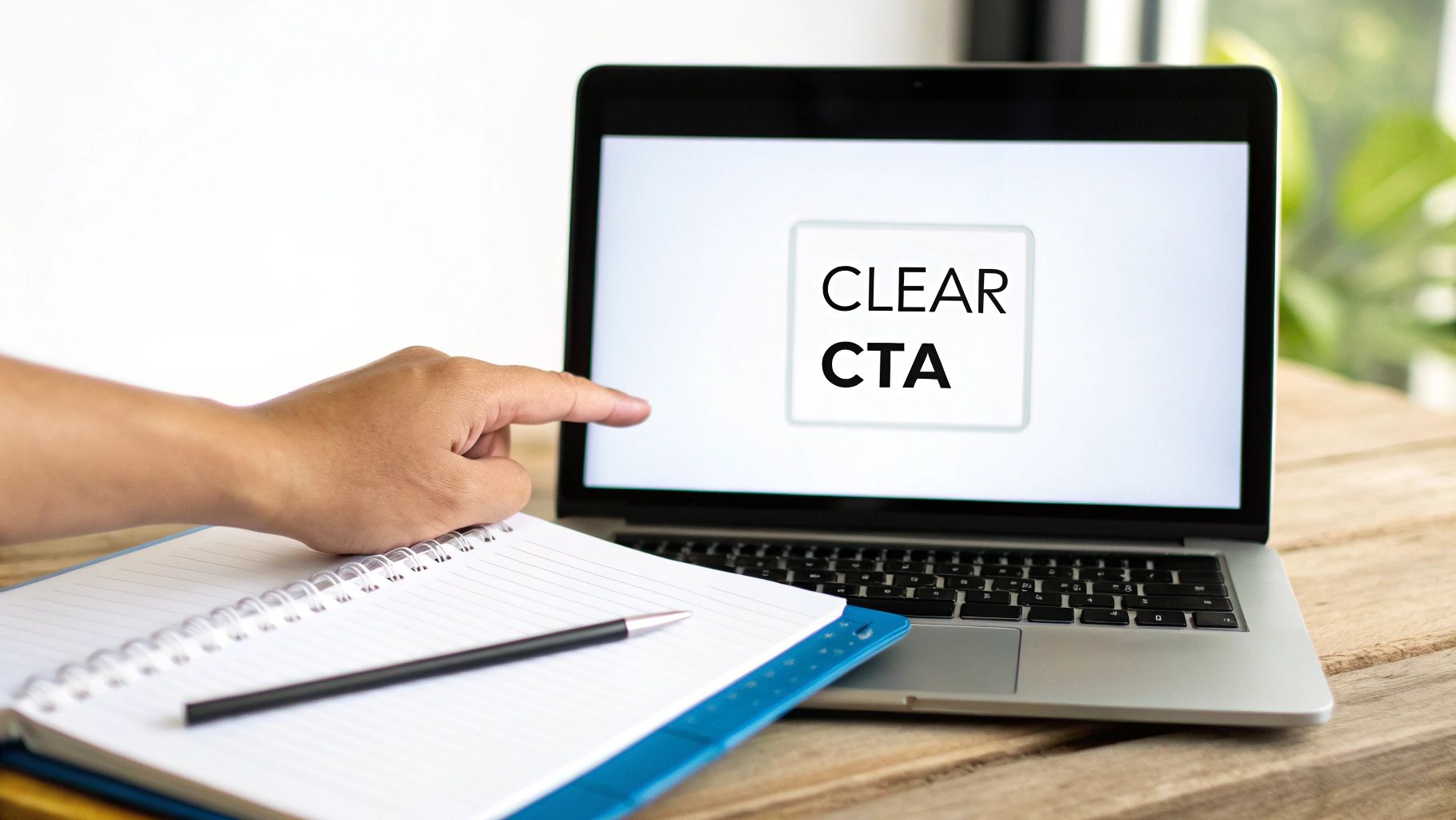 A hand points at a laptop screen displaying 'CLEAR CTA' with a notebook and pen nearby.