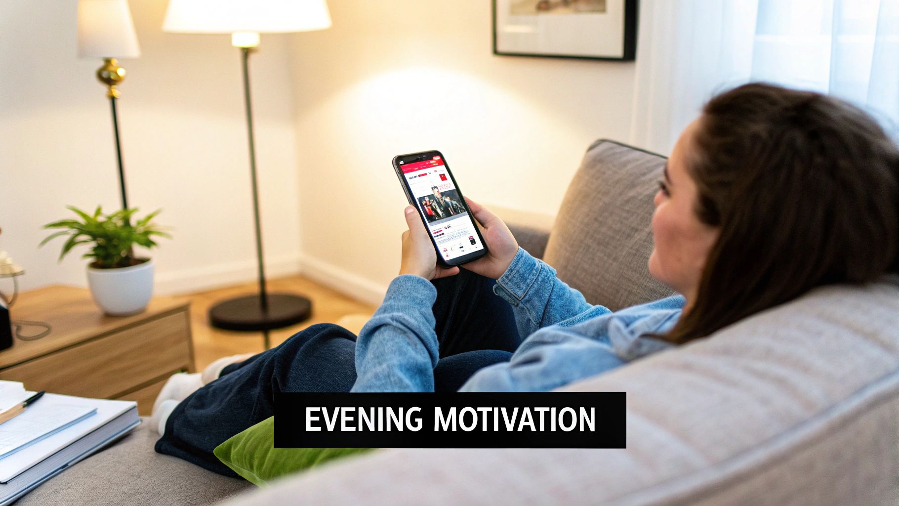 A person relaxing on a couch, looking at their smartphone with content displayed on the screen.