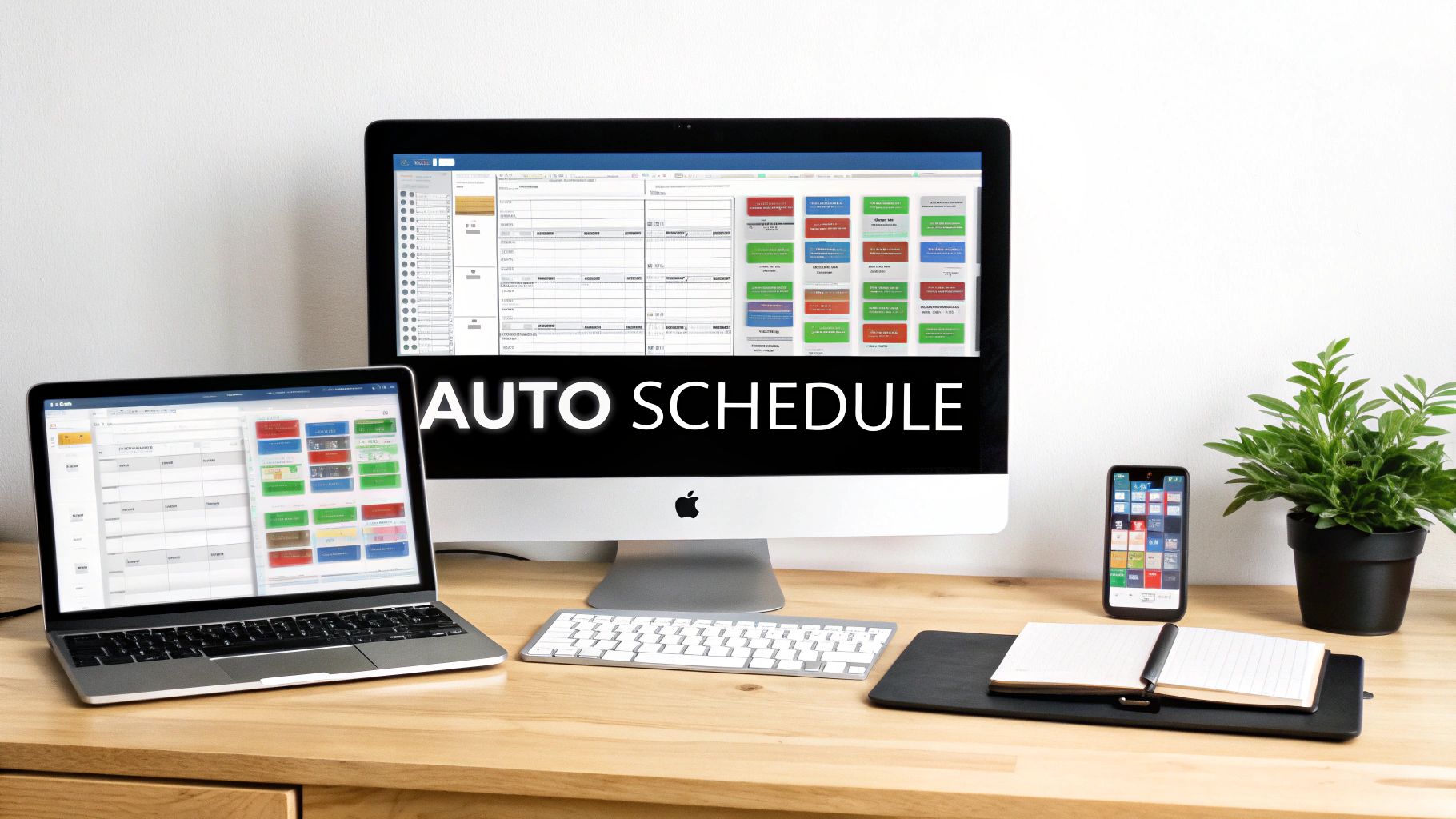 A desktop computer, laptop, and smartphone displaying a scheduling app with 'AUTO SCHEDULE' text.
