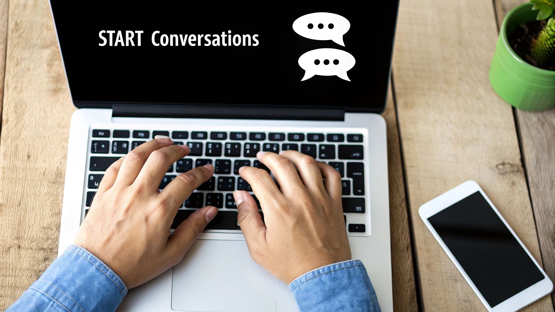 A person typing on a laptop, crafting an engaging social media post with a coffee nearby.