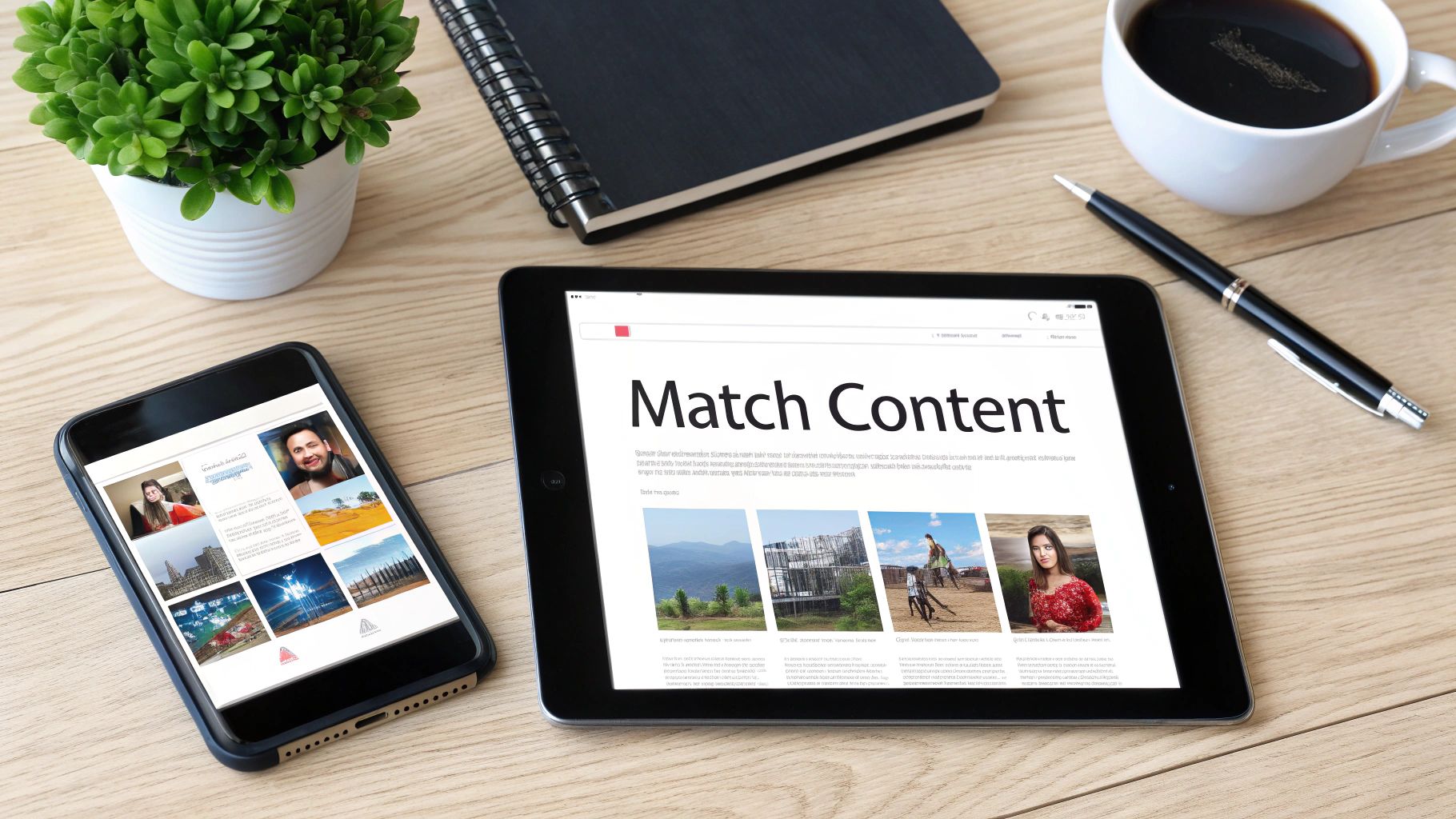 A flat lay of a wooden desk with a tablet, smartphone, coffee, plant, notebook, and pen, showing content.