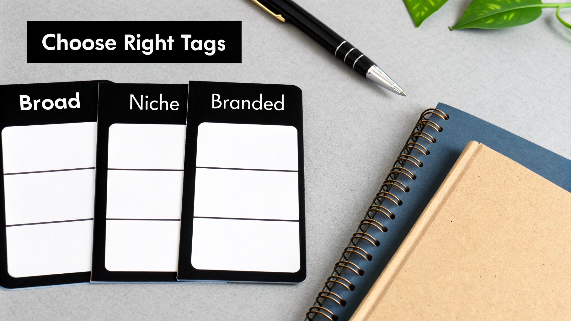 Three cards labeled Broad, Niche, and Branded, with a banner stating 'Choose Right Tags' on a desk with notebooks and a pen.