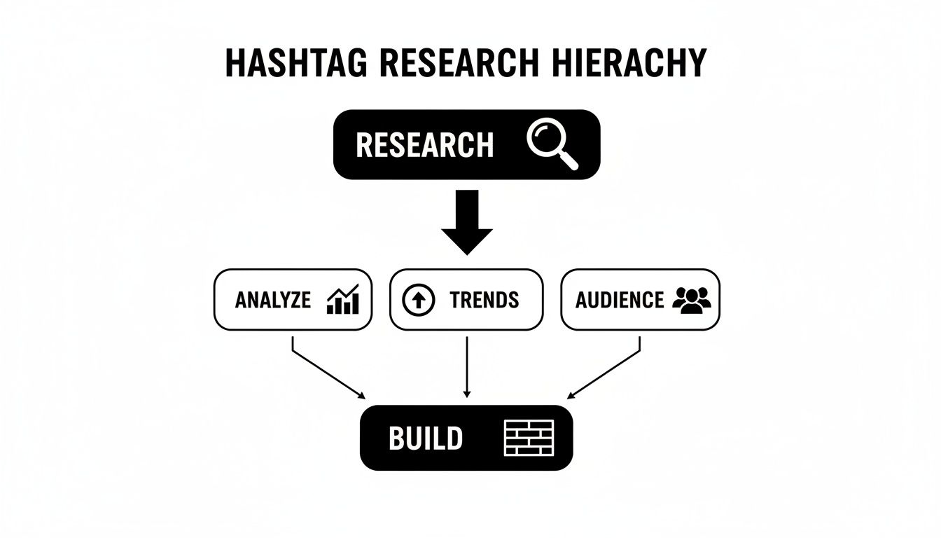 A flowchart detailing the hashtag research hierarchy: Research, Analyze, Trends, Audience, and Build.