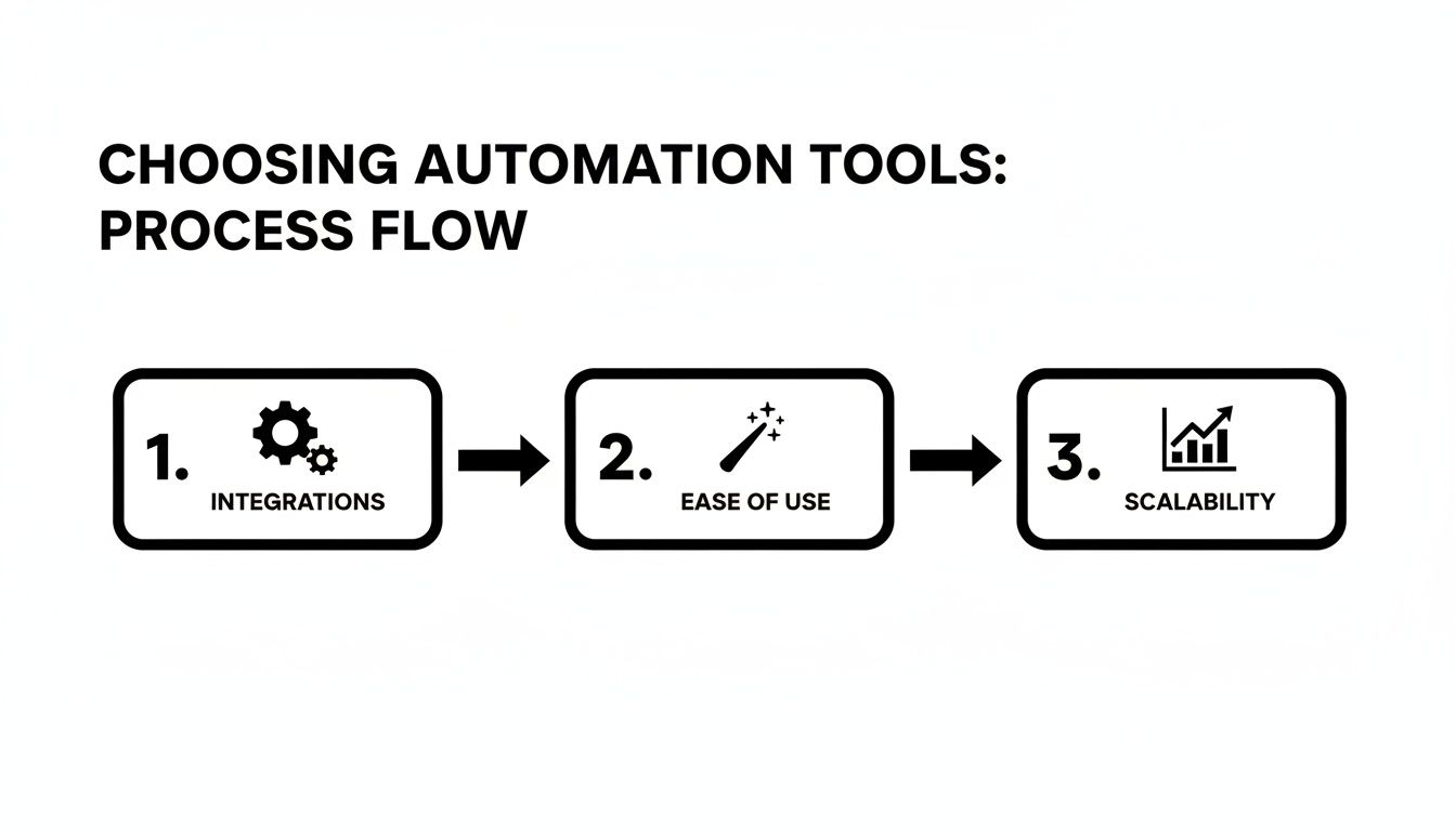 Process flow for choosing automation tools, highlighting steps: Integrations, Ease of Use, and Scalability.