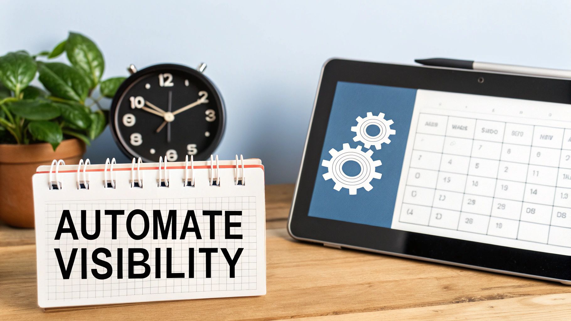 A desk with a notebook saying 'AUTOMATE VISIBILITY', a tablet with gears, a clock, and a plant.