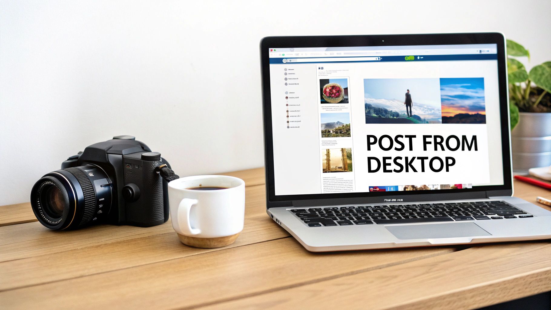 A black DSLR camera, a coffee mug, and a silver laptop on a wooden desk. The laptop screen shows 'POST FROM DESKTOP'.