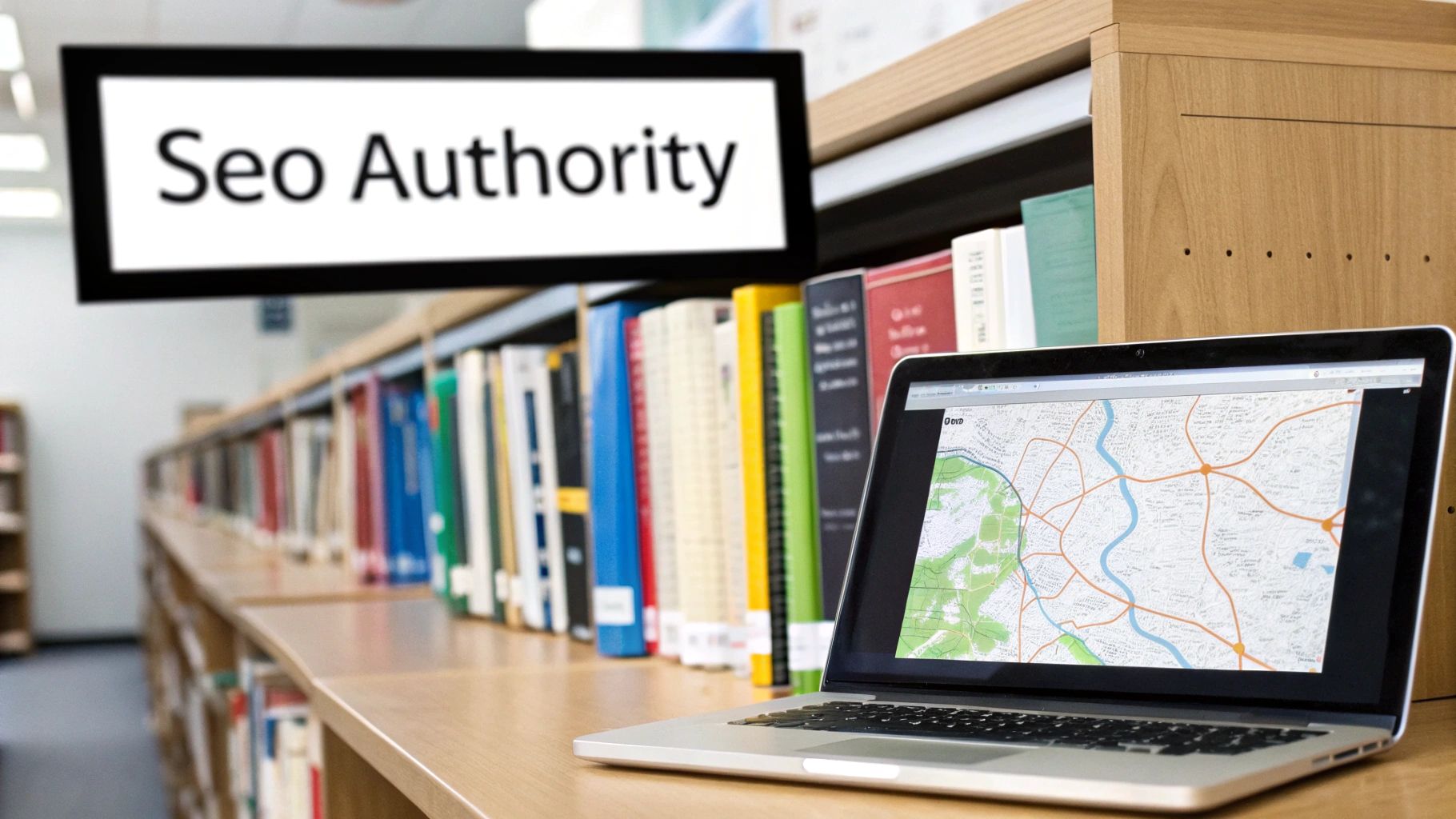 A laptop displaying a map, books, and a screen showing 'Seo Authority' in a library.