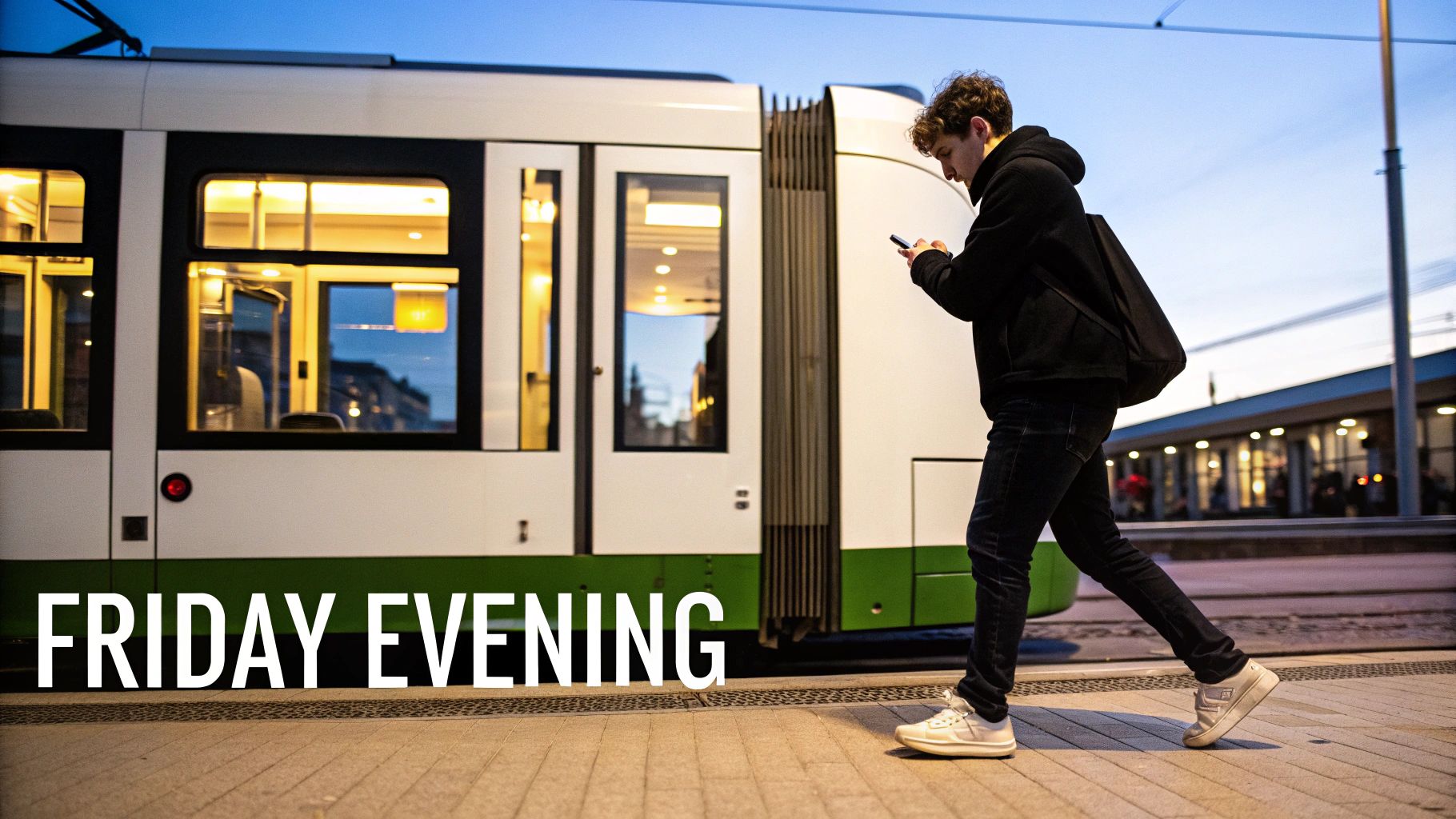 Young man looking at his phone, walking past a brightly lit tram at a station on a Friday evening.
