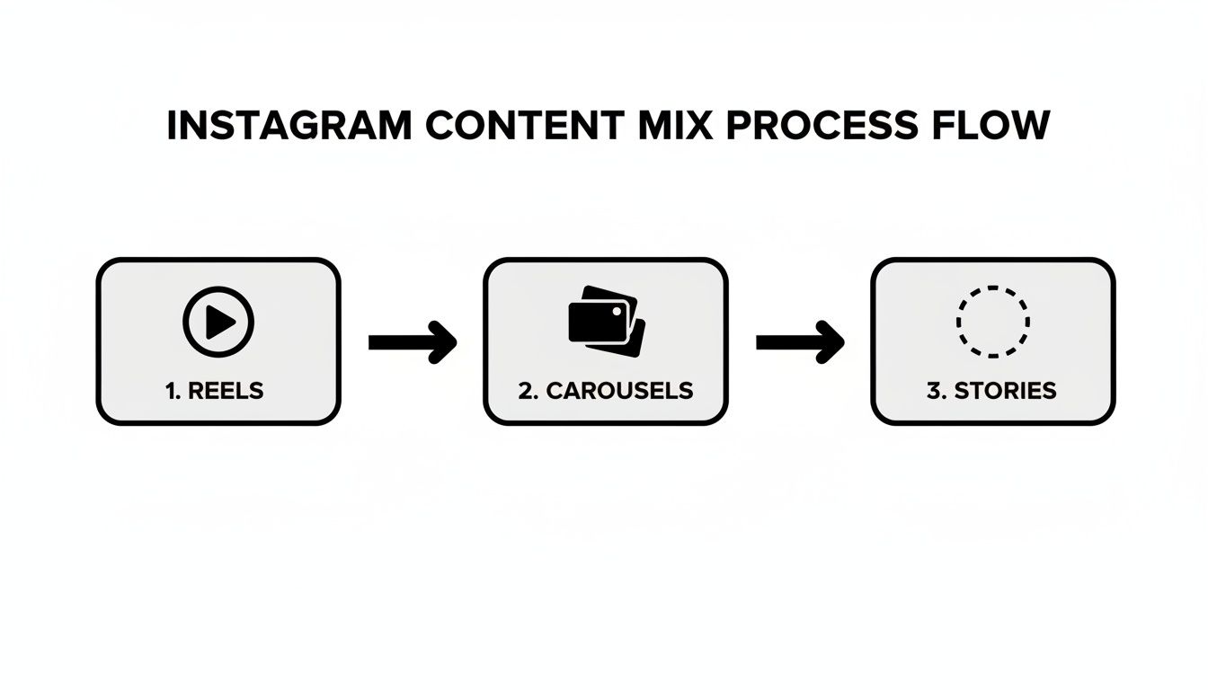 Instagram content mix process flow showing a sequence of Reels, Carousels, and Stories.