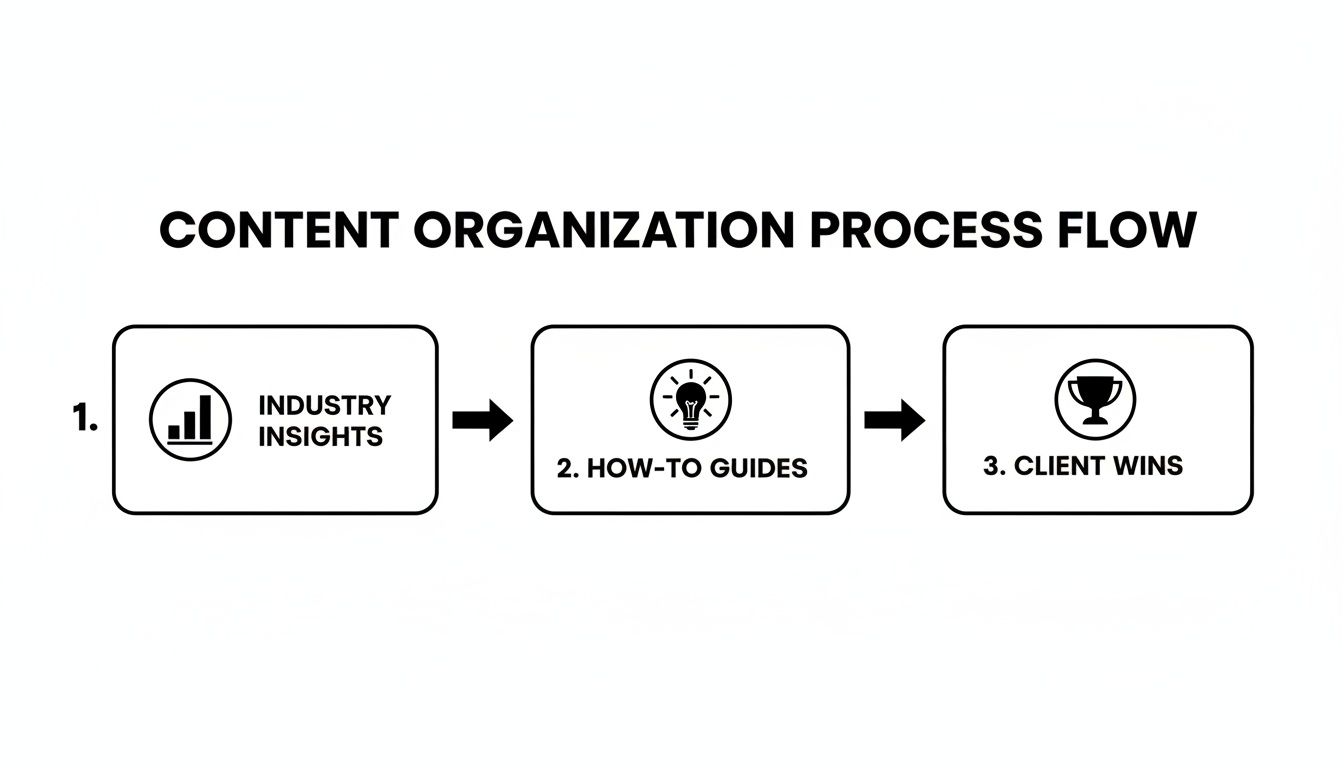 A content organization process flow showing steps: Industry Insights, How-To Guides, and Client Wins.
