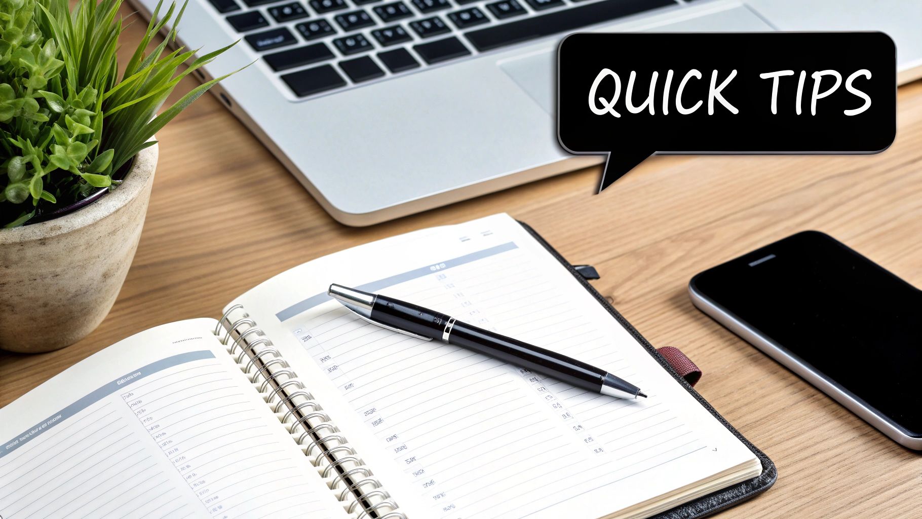 A desktop workspace with a laptop, plant, open planner, pen, and phone, showing 'QUICK TIPS'.
