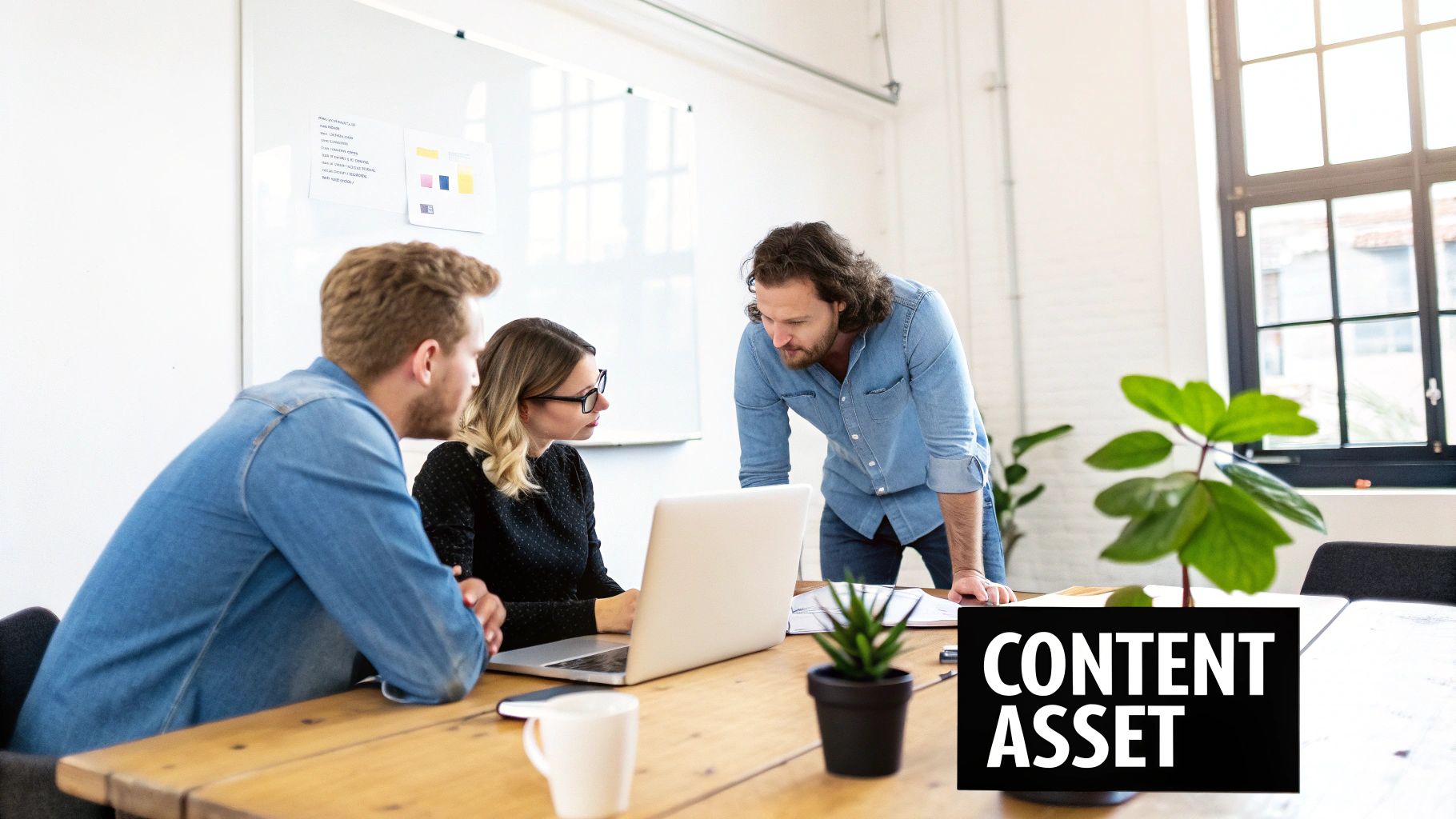 A group of people collaborating on a content marketing strategy on a whiteboard.